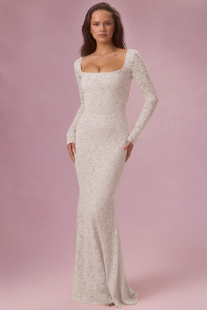 Premium Lace Long-Sleeve Maxi Dress in Ivory