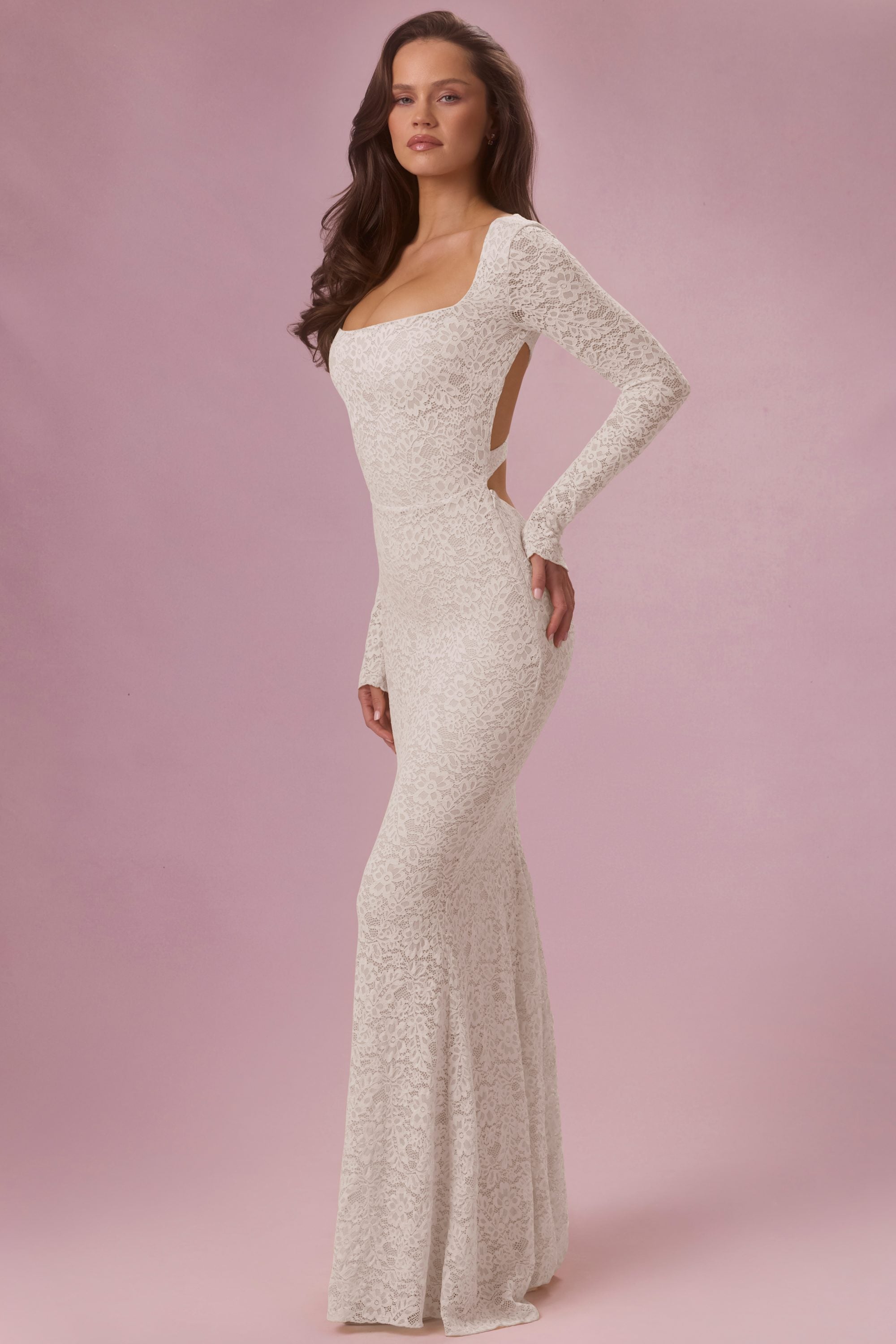 Lace Long-Sleeve Maxi Dress in Pearl