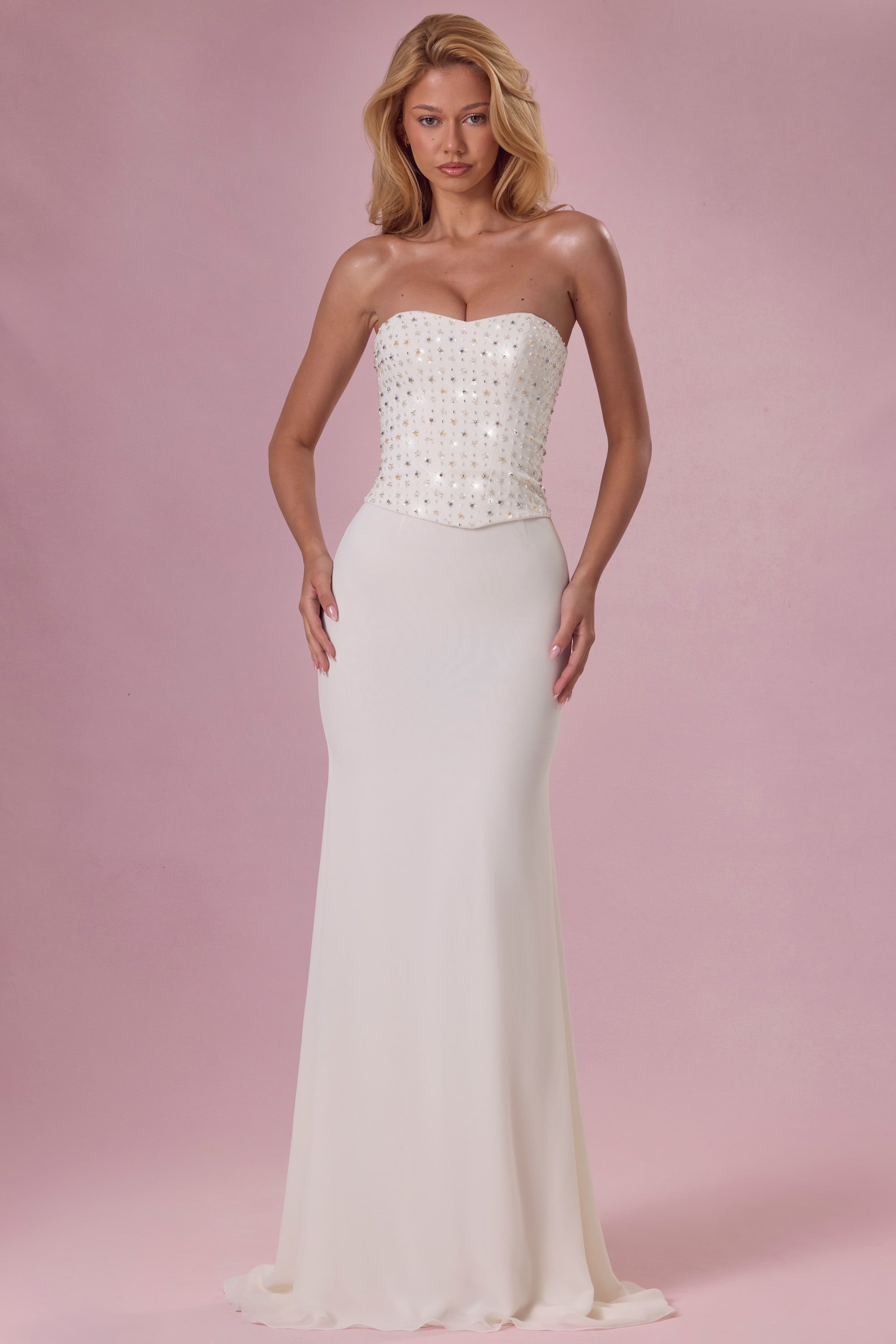 Embellished Corset Strapless Gown in Pearl
