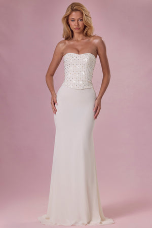 Embellished Corset Strapless Gown in Ivory