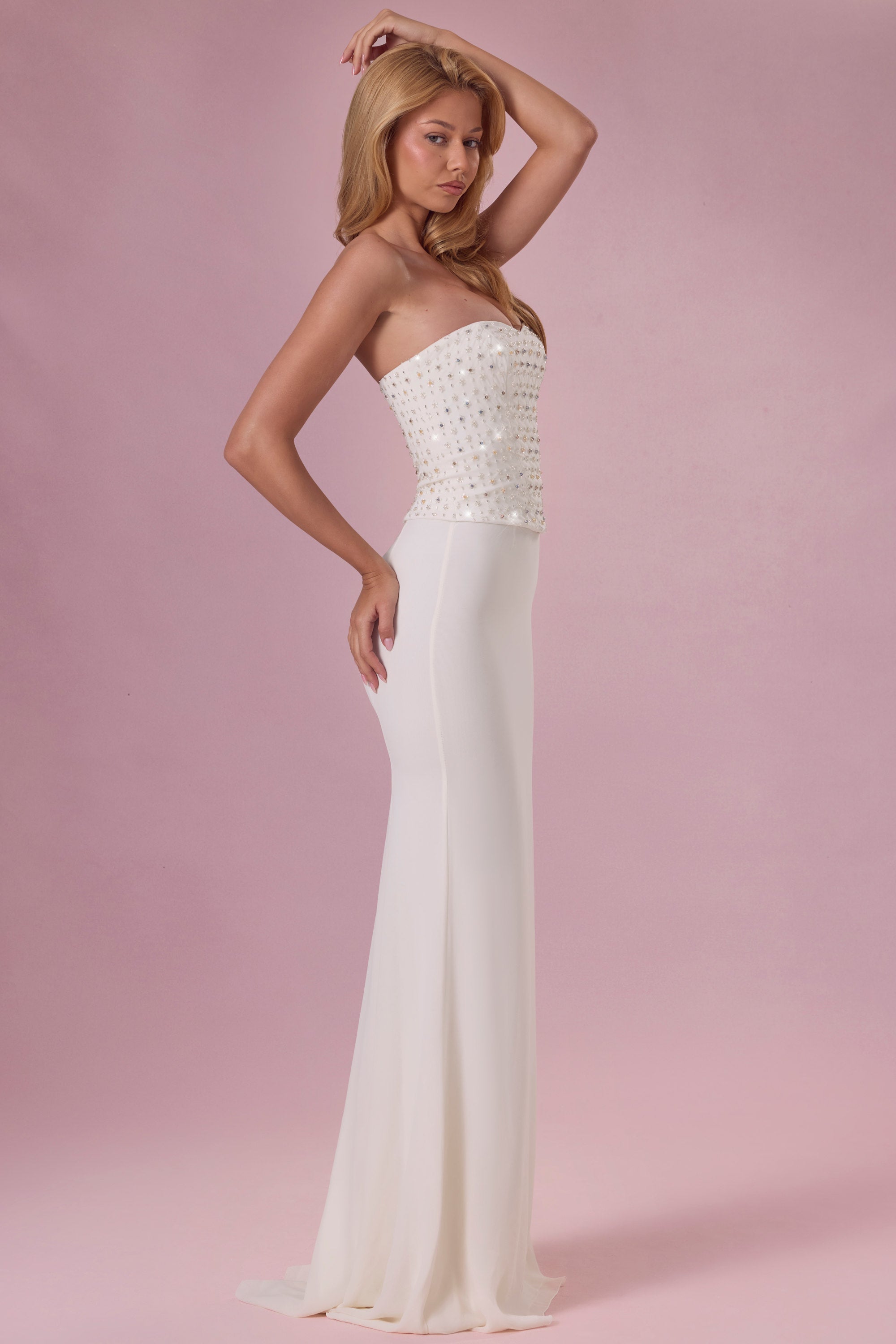 Embellished Corset Strapless Gown in Pearl
