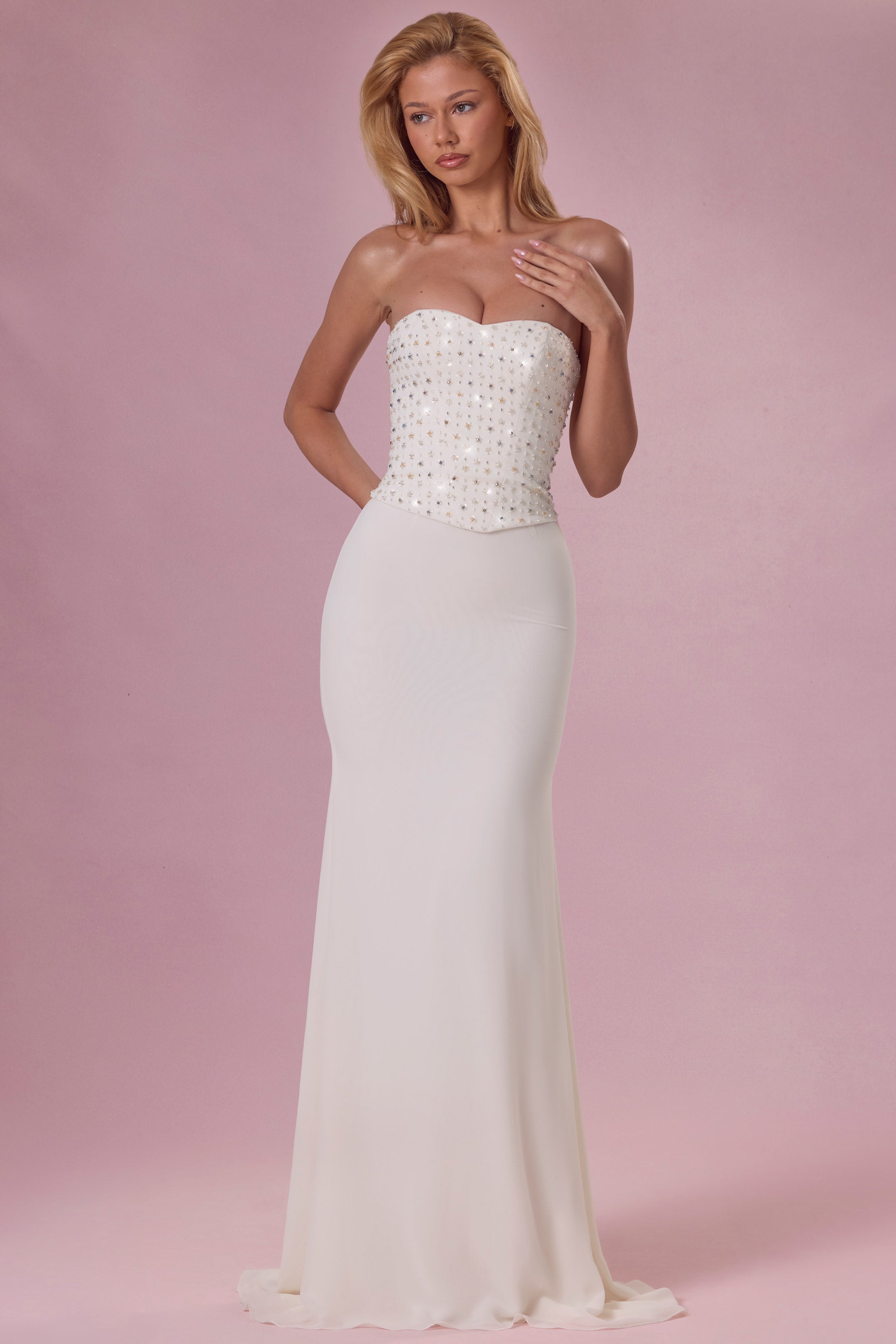 Embellished Corset Strapless Gown in Pearl