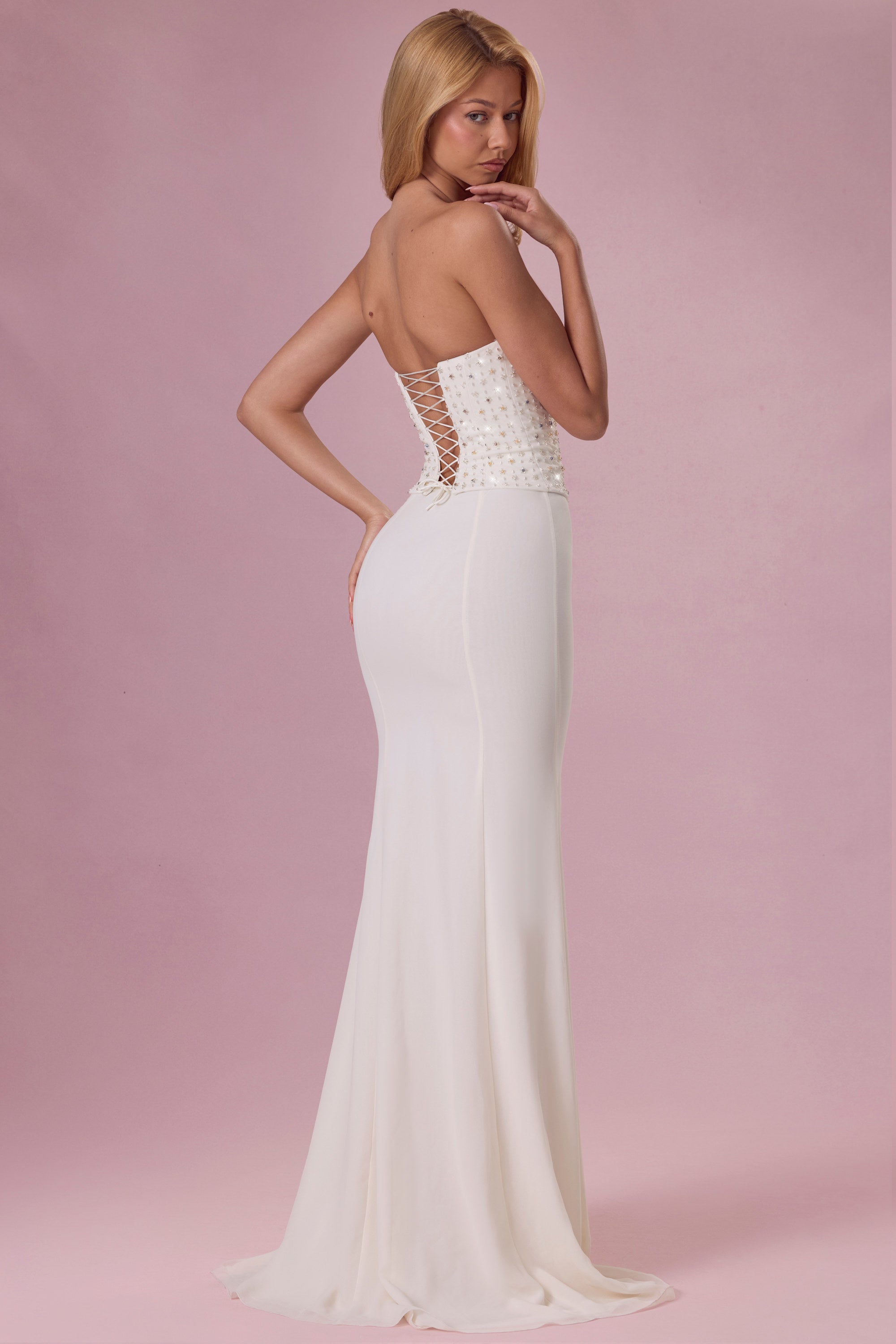 Embellished Corset Strapless Gown in Pearl