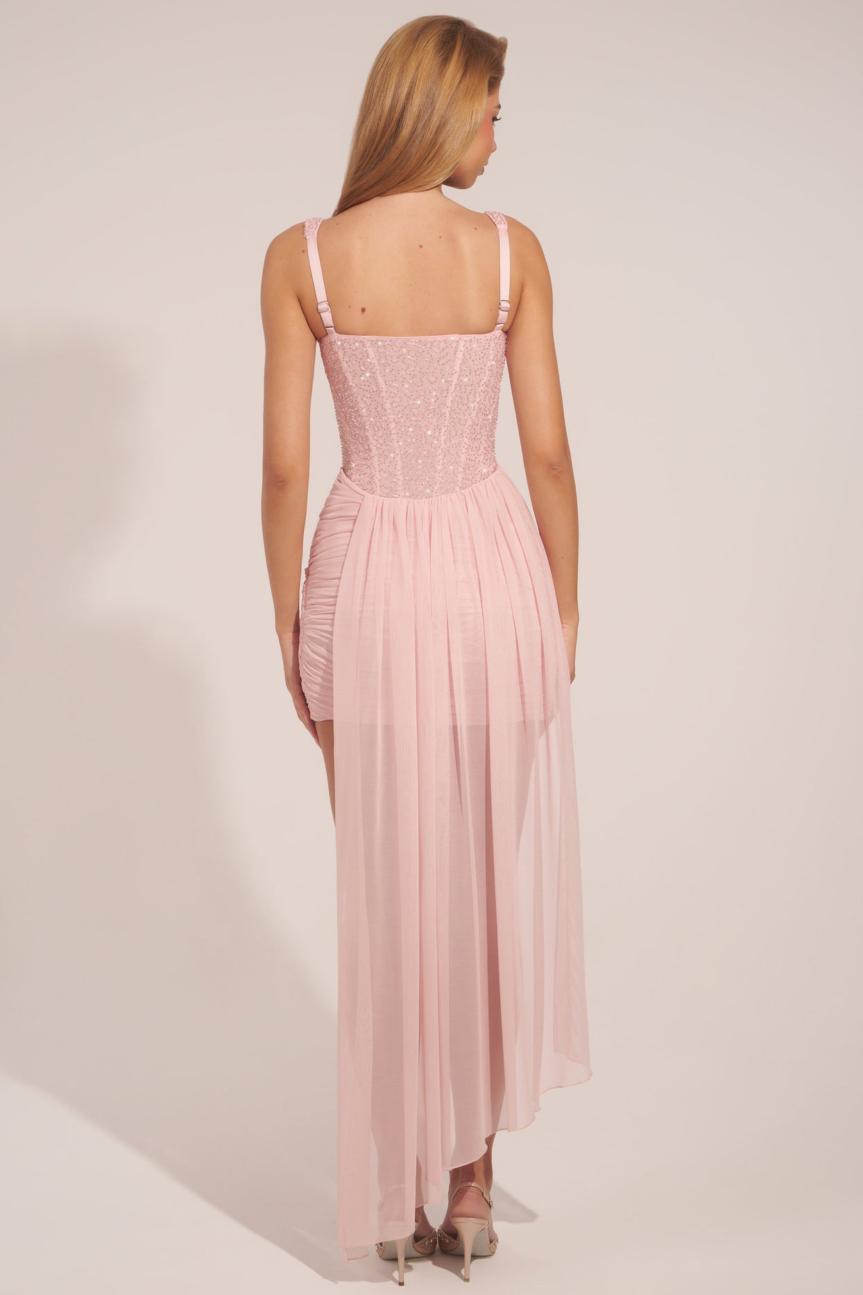 Corseted Draped Mini Dress in Blush Pink - 8