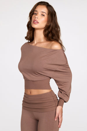 Modal Off-Shoulder Long Sleeve Top in Mocha