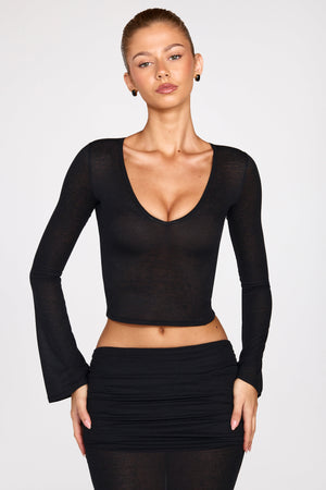 Knit Plunge Long Sleeve Top in Black