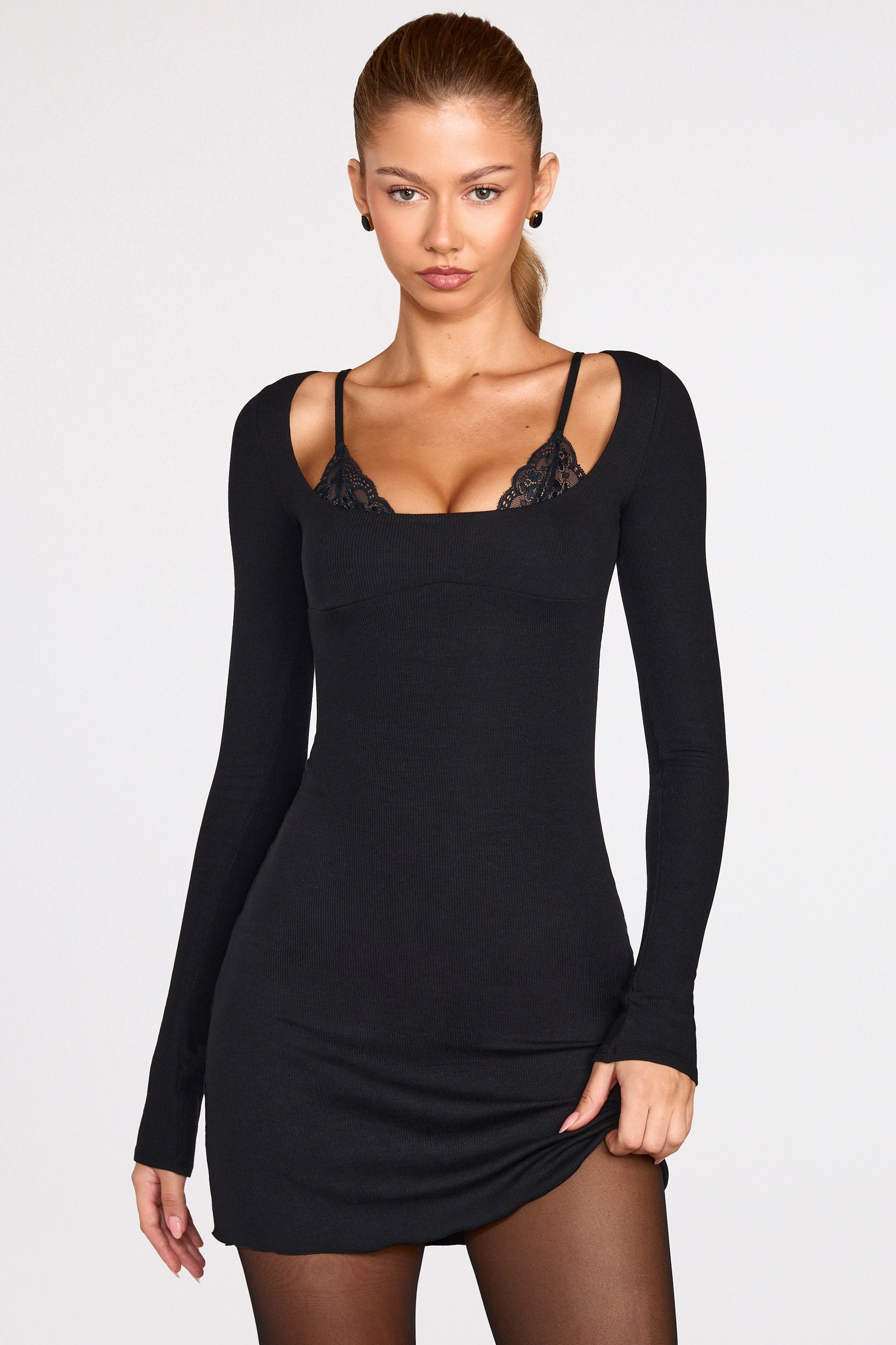 Oakley Slinky Jersey Long Sleeve Plunge Cowl Neck Mini Dress in Black