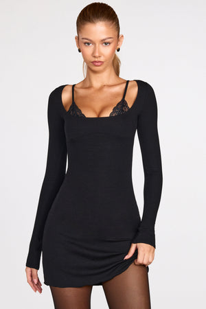 Modal Long-Sleeve Laced Bra Mini Dress in Black