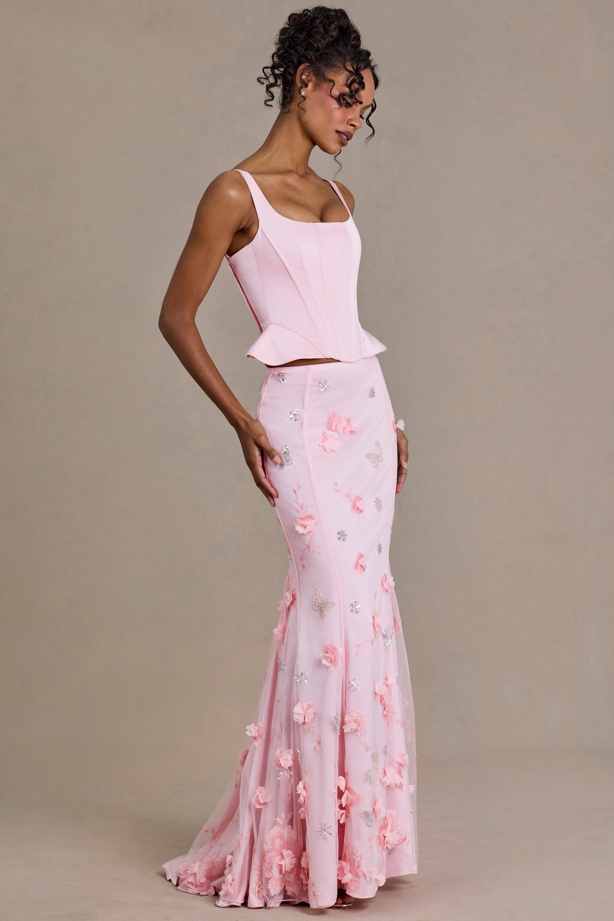 Embellished Tulle Skirt in Baby Pink - 1