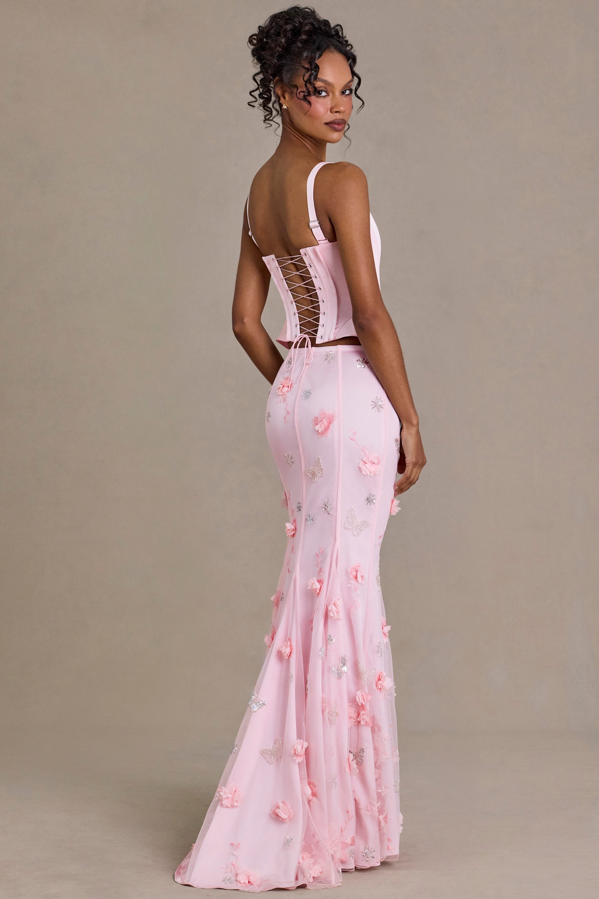Embellished Tulle Skirt in Baby Pink - 2