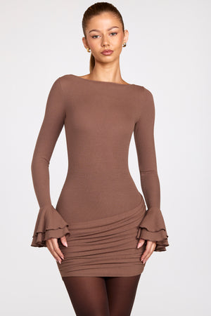 Modal Long-Sleeve Draped Mini Dress in Mocha