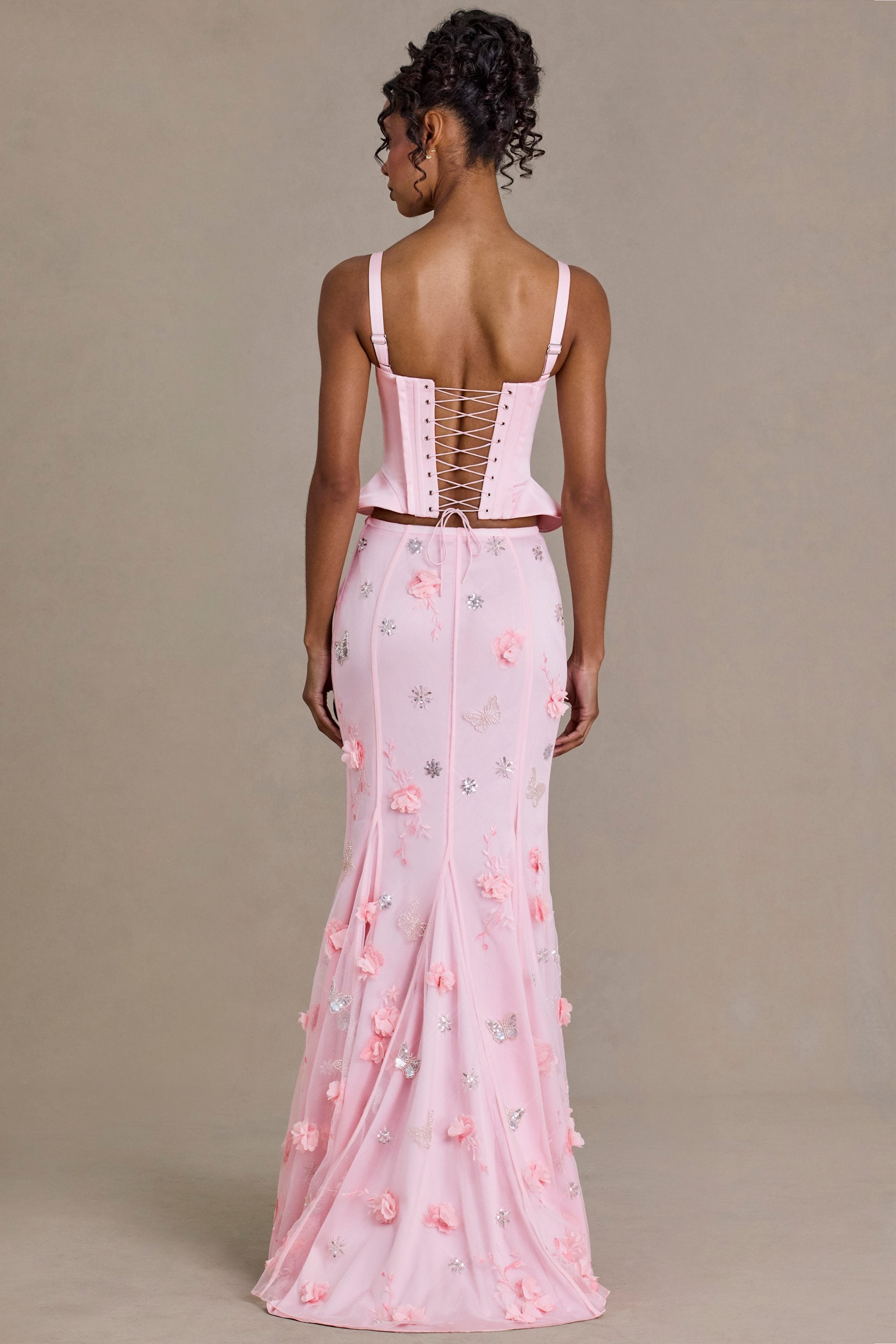 Satin Lace-Up Corset Top in Baby Pink - 2