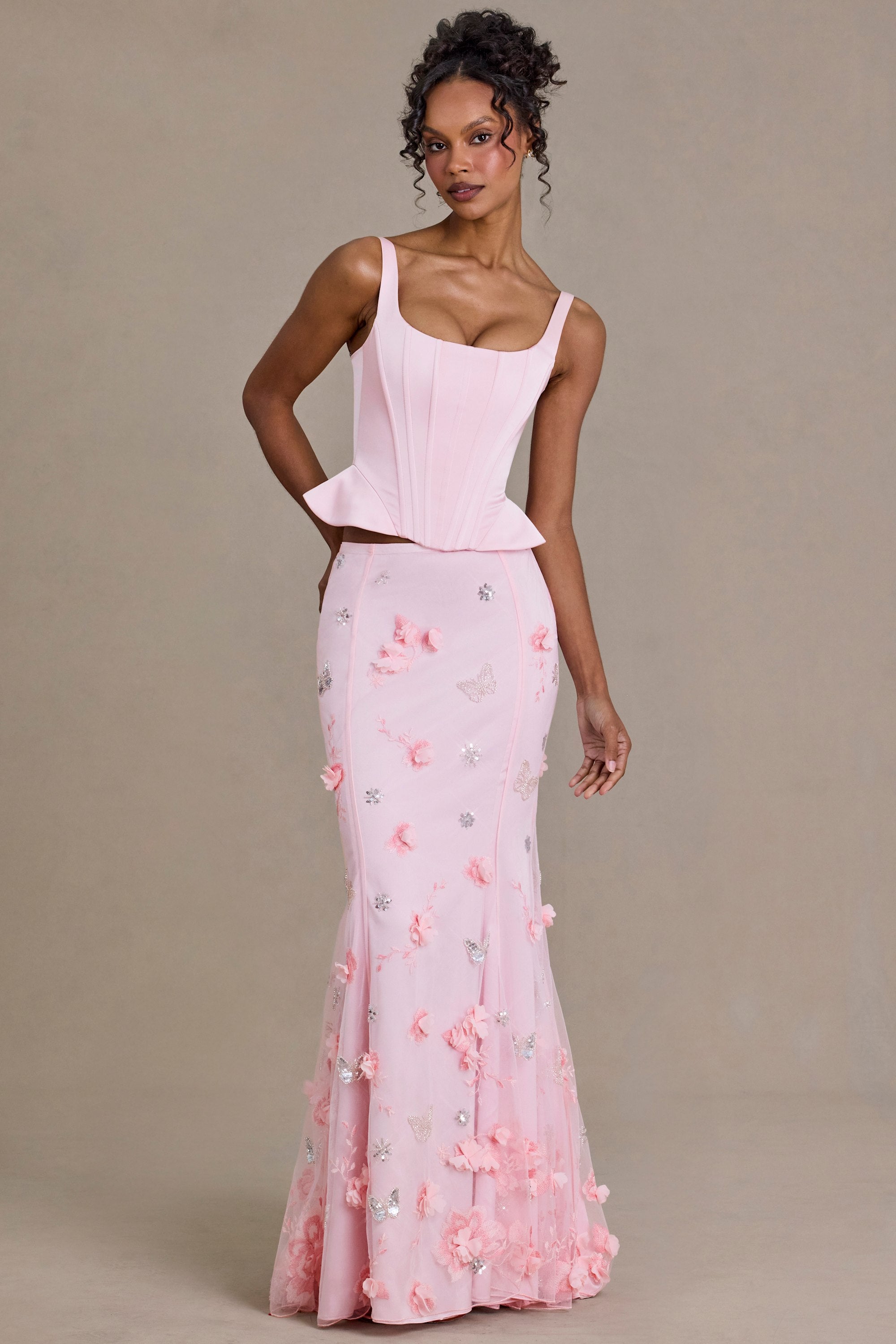 Satin Lace-Up Corset Top in Baby Pink - 1