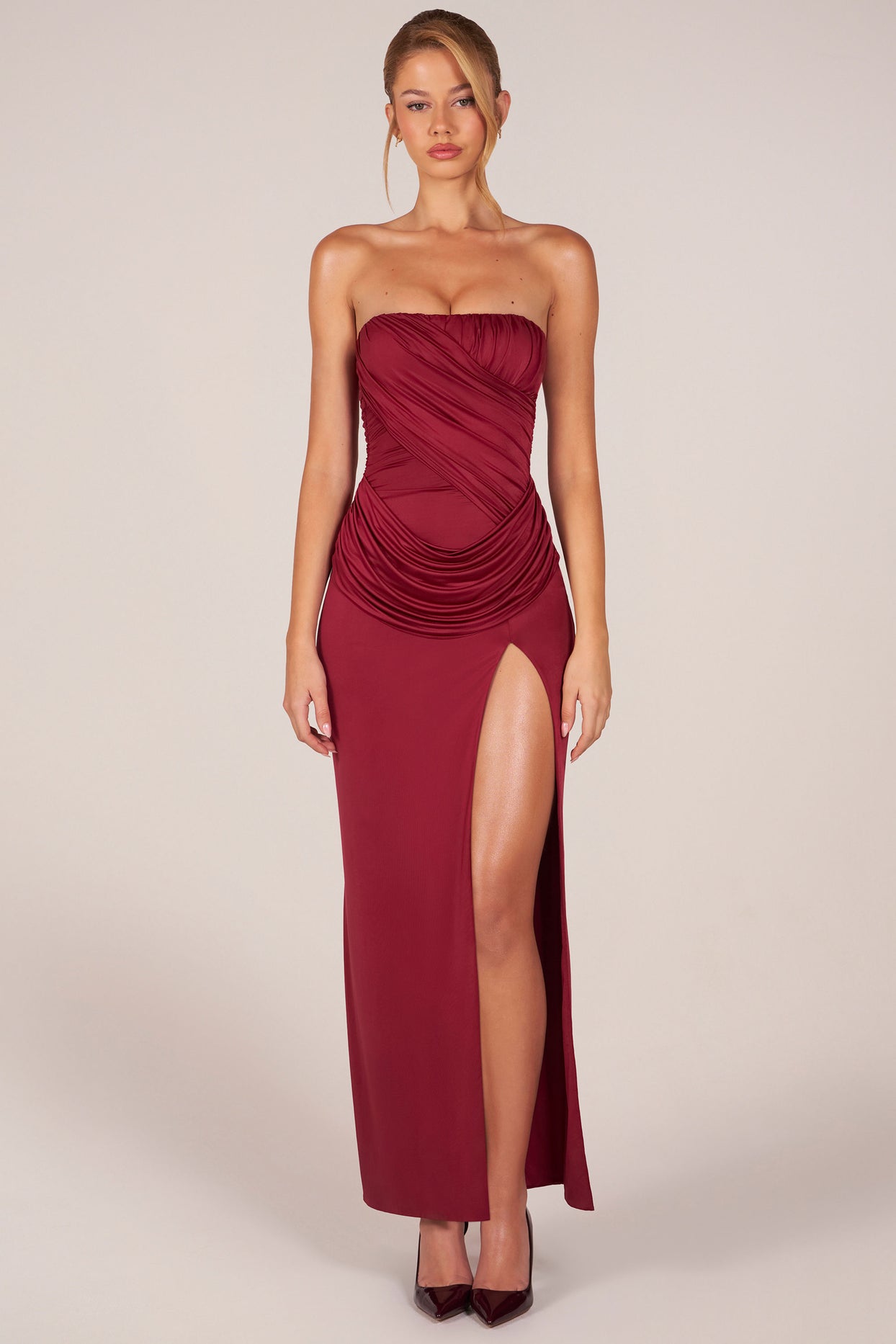 Bandeau Draped Thigh-High Maxi Dress in Wine - 7