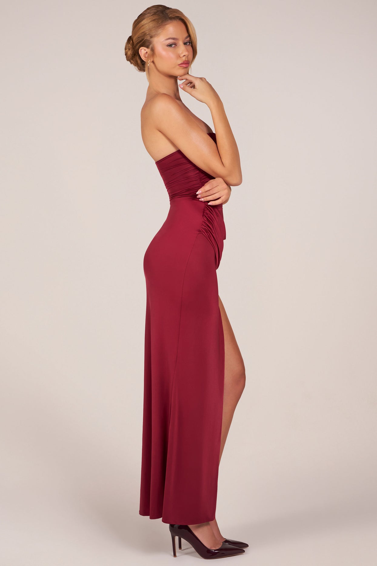 Bandeau Draped Thigh-High Maxi Dress in Wine - 6