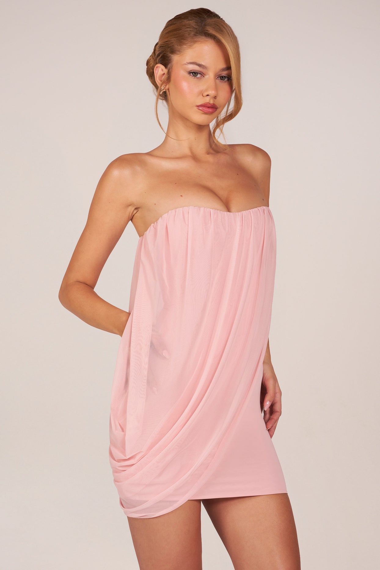 Bandeau Draped Mini Dress in Blush Pink - 7
