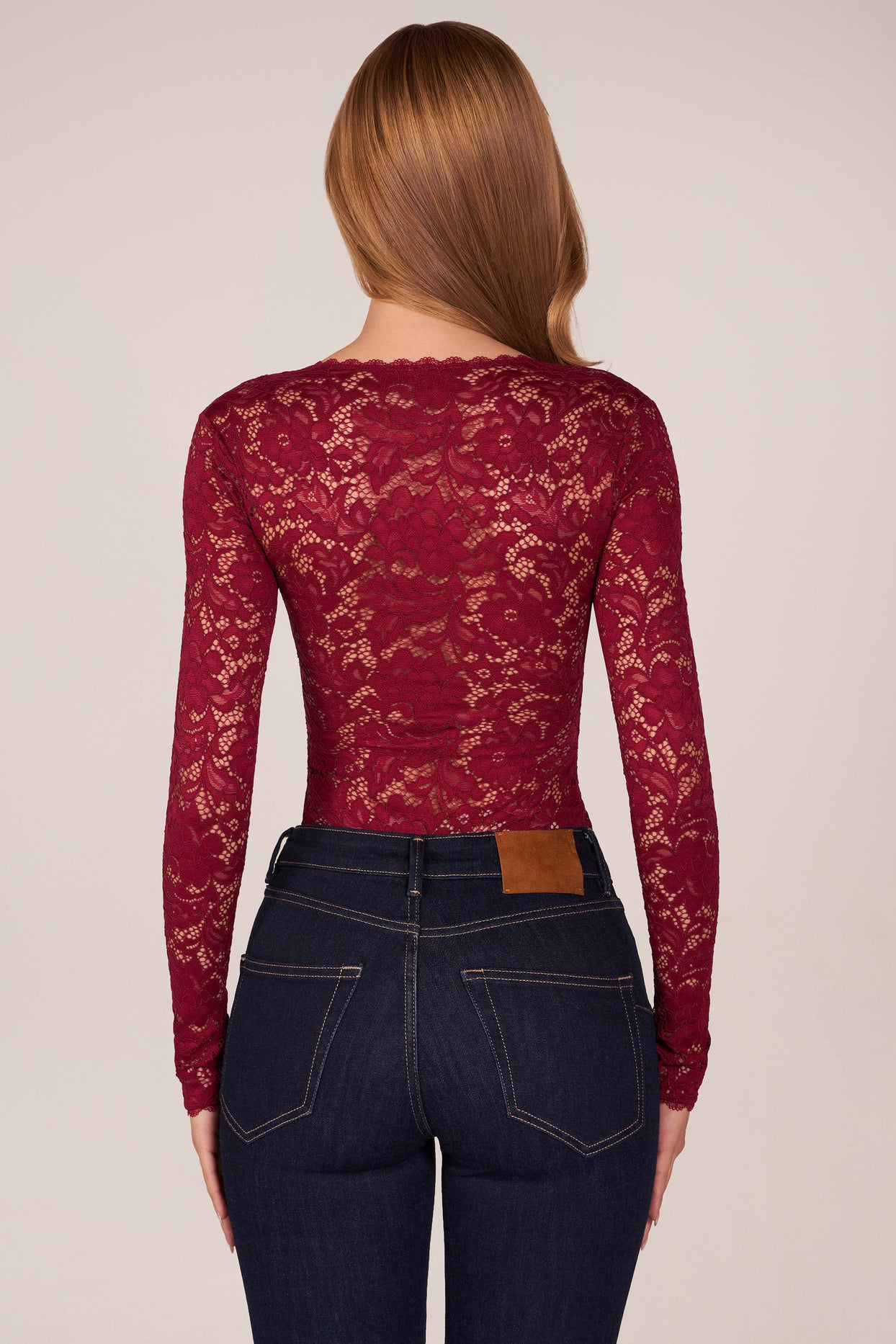Long-Sleeve Laced Bodysuit in Wine - 4
