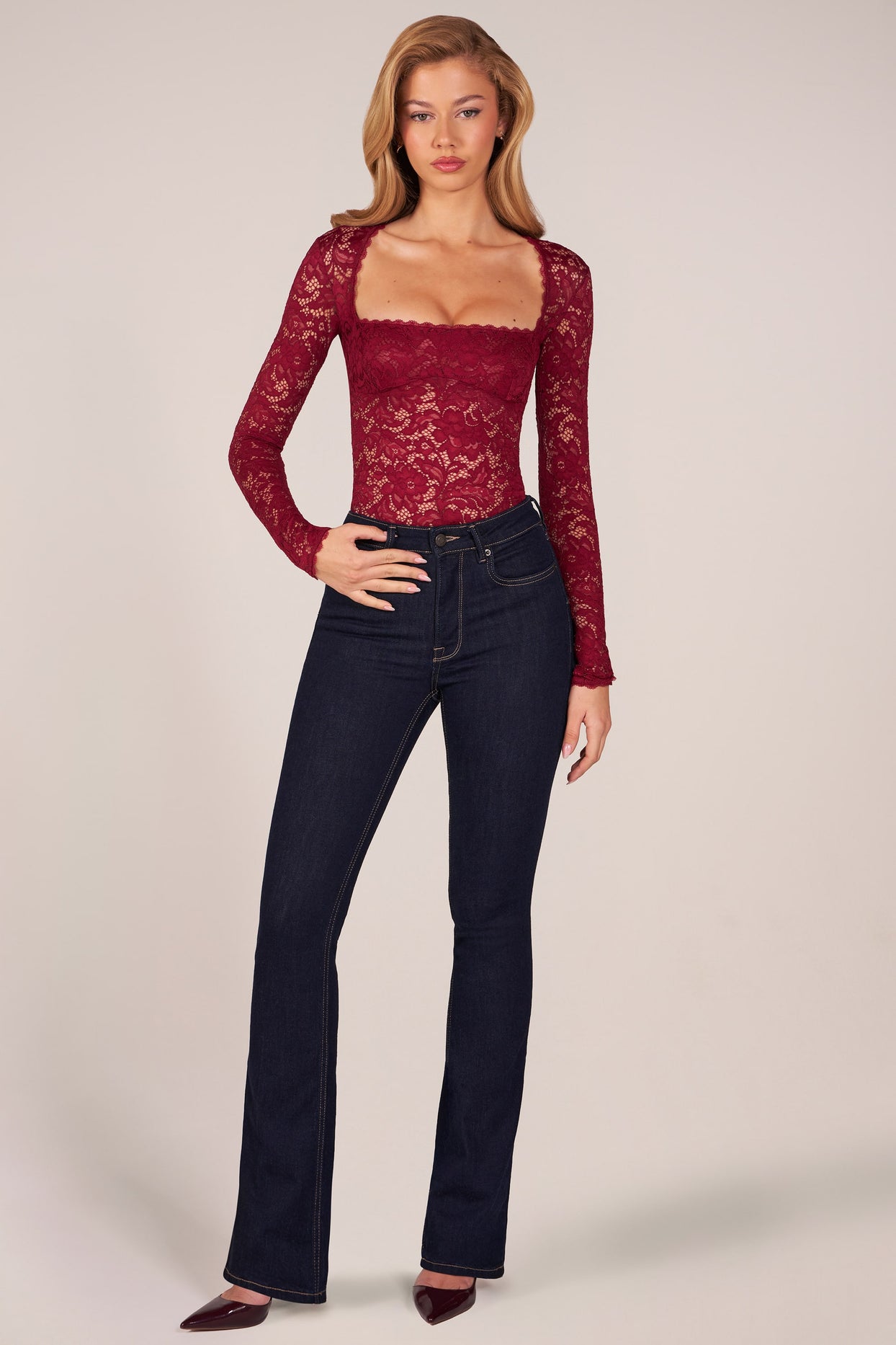 Long-Sleeve Laced Bodysuit in Wine - 6