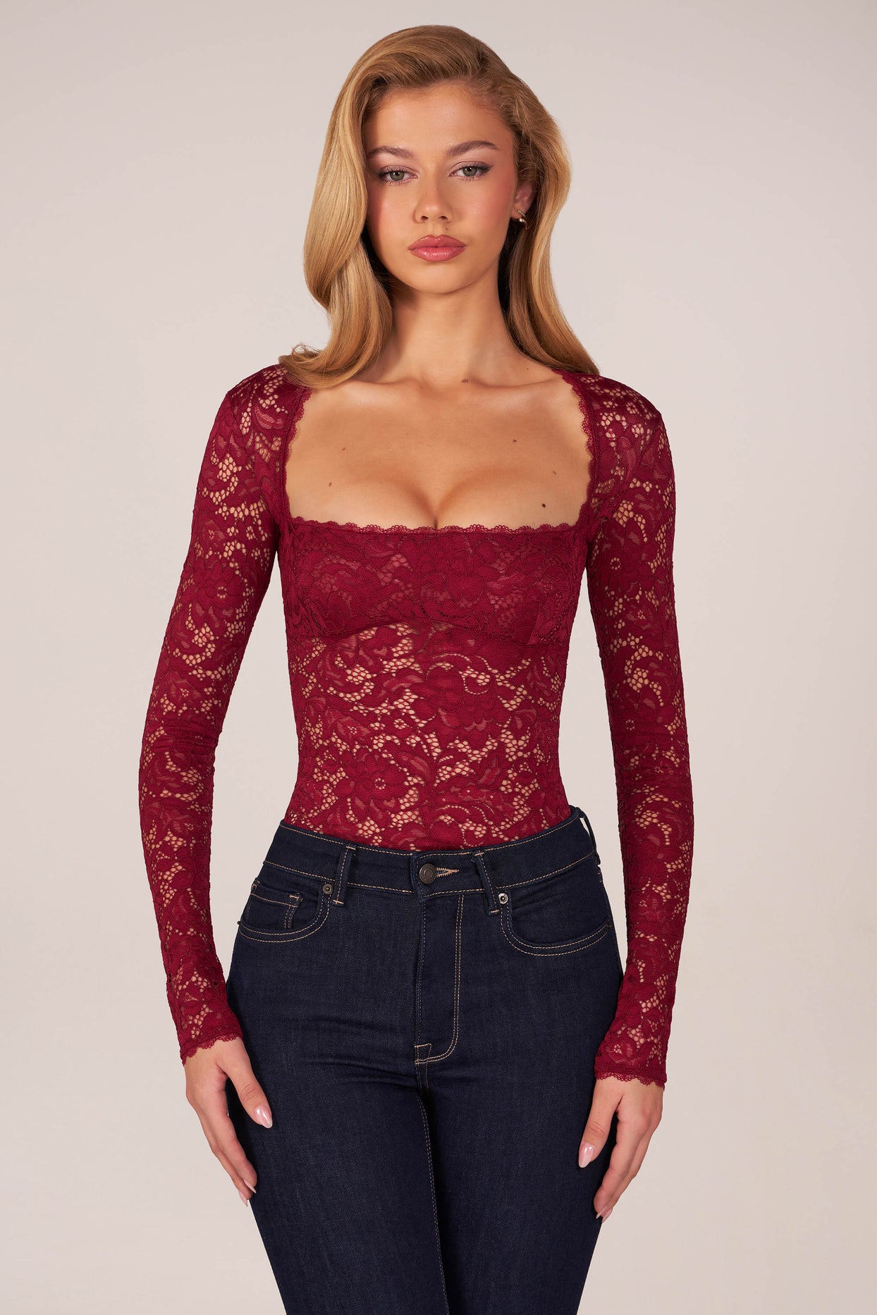 Long-Sleeve Laced Bodysuit in Wine - 8