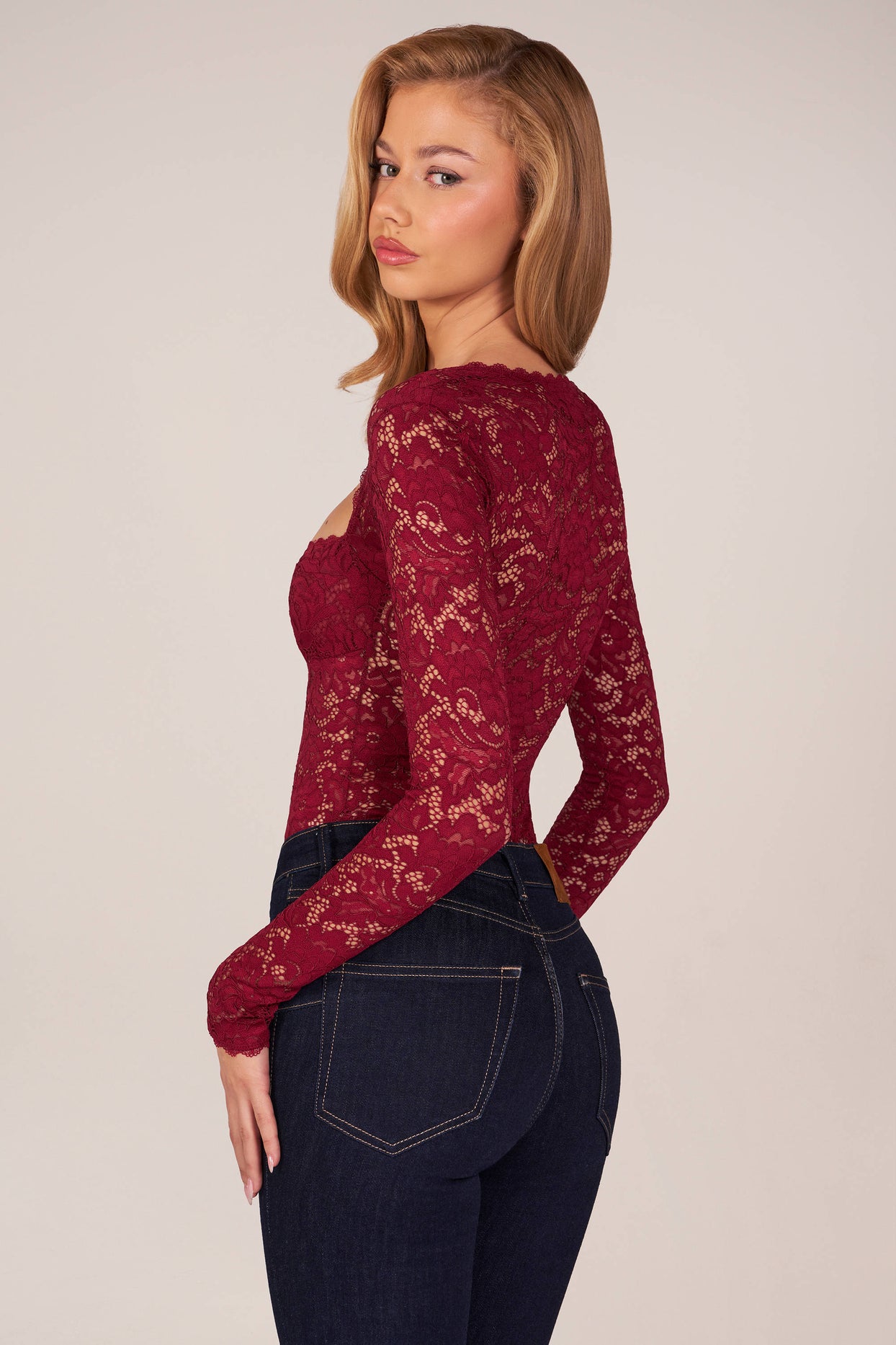 Long-Sleeve Laced Bodysuit in Wine - 9