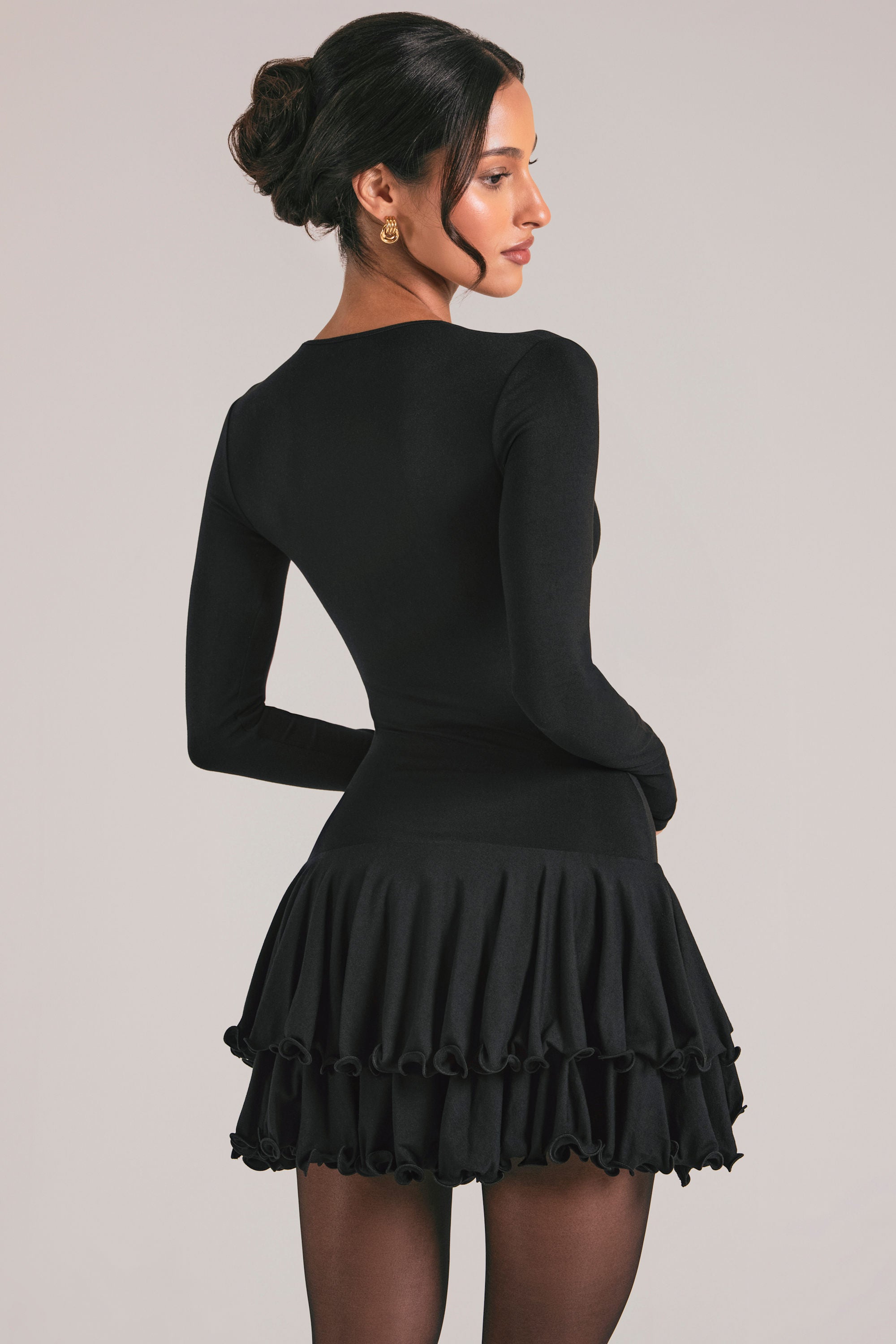 V-Neck Ruffle Skirt Mini Dress in Black - 2