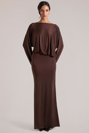 Lani Long-Sleeve Draped Maxi Dress in Chocolate Brown | Oh Polly Lani Long-Sleeve Draped Maxi Dress in Chocolate Brown | Oh Polly