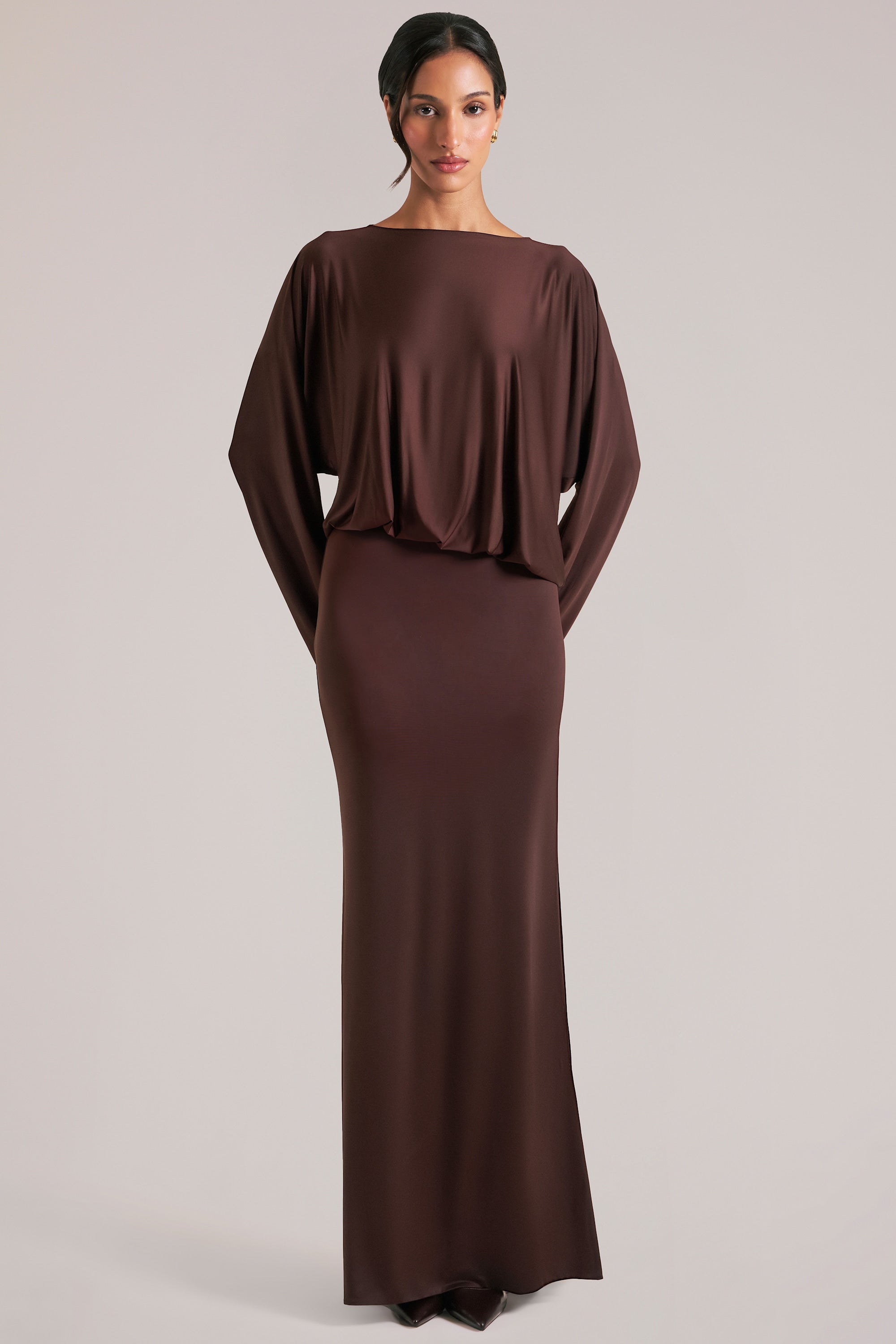 Long-Sleeve Draped Maxi Dress in Chocolate Brown - 2
