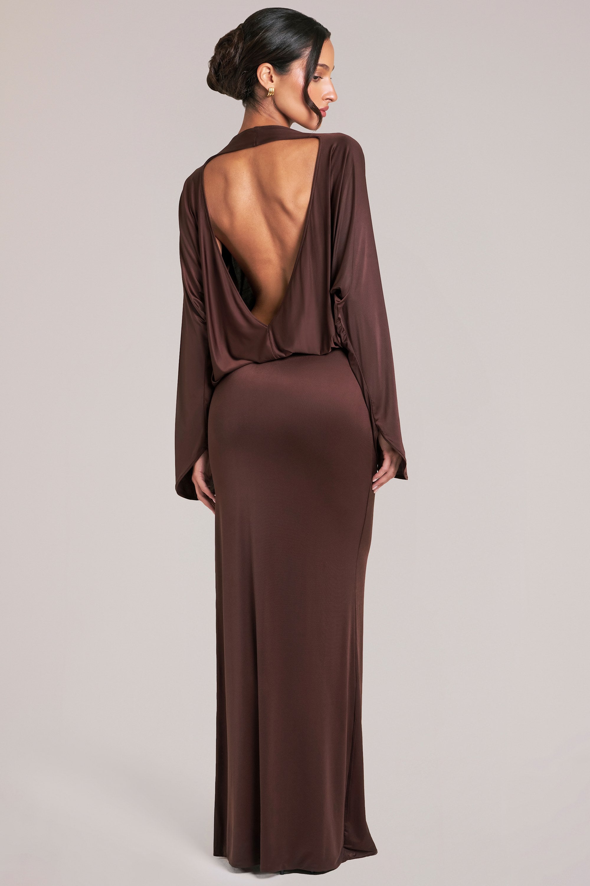 Long-Sleeve Draped Maxi Dress in Chocolate Brown - 1