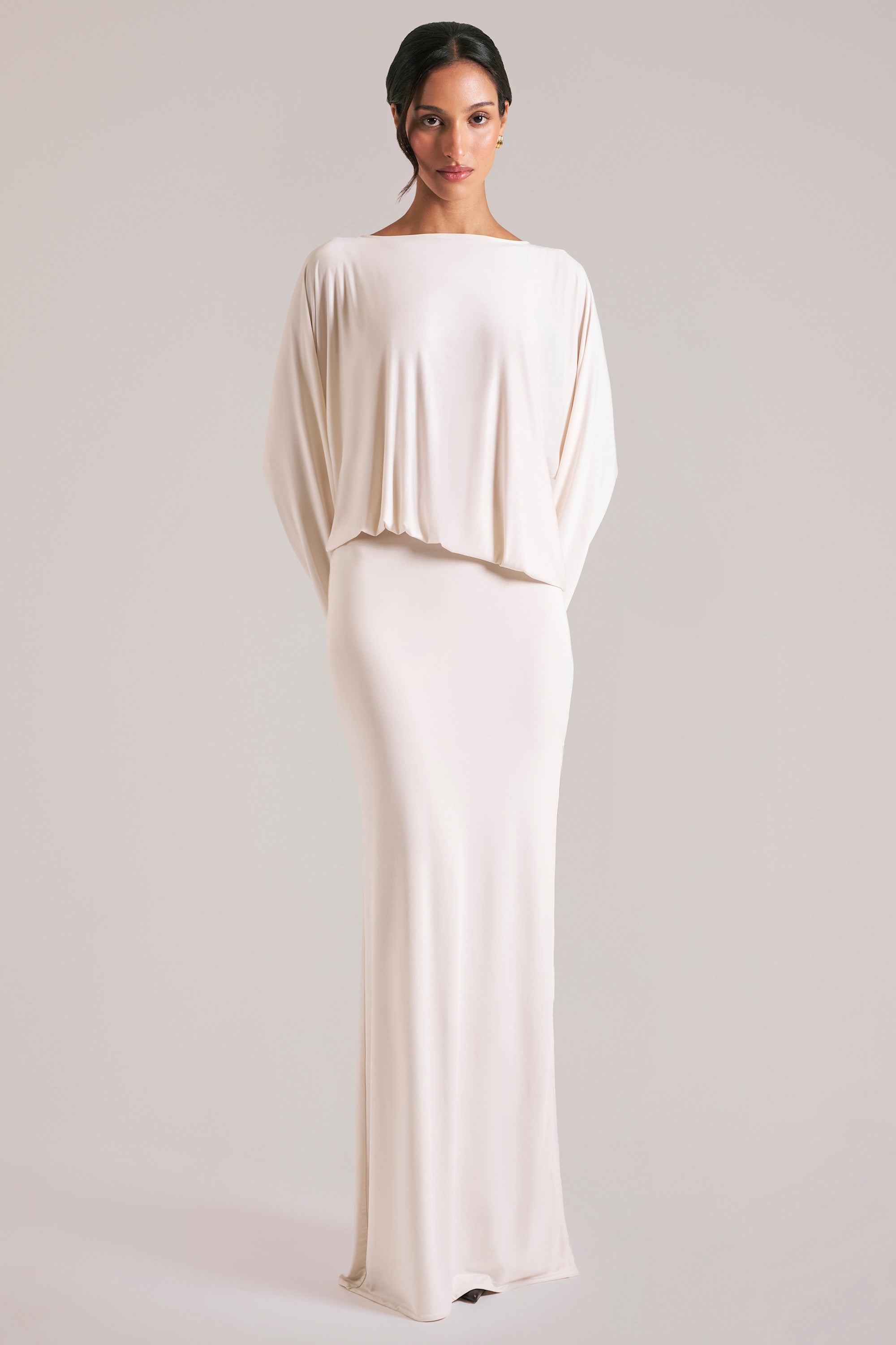 Long-Sleeve Draped Maxi Dress in Vanilla - 2