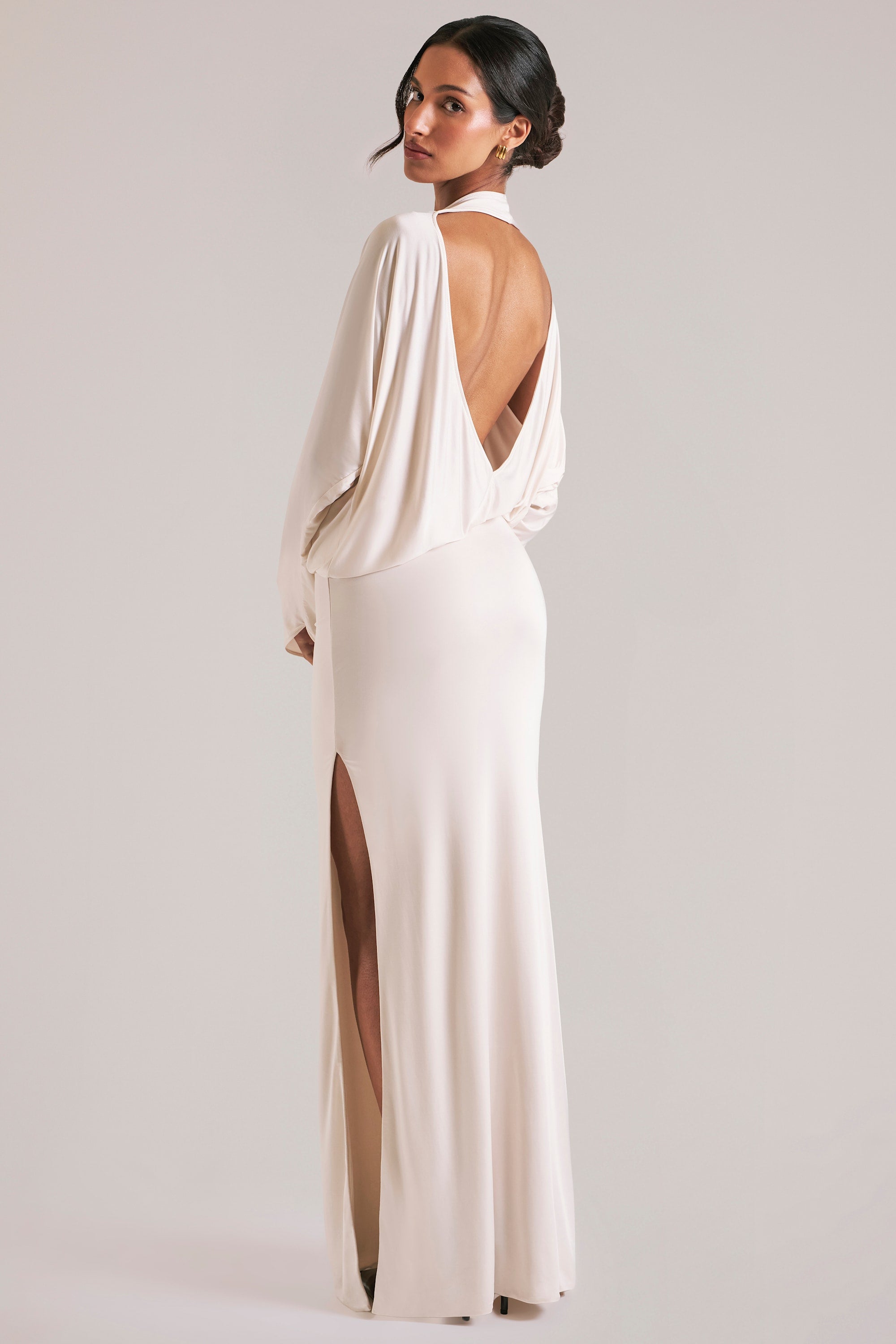 Long-Sleeve Draped Maxi Dress in Vanilla - 1