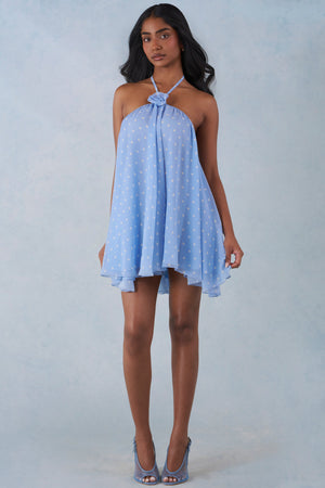 Evania Halterneck Babydoll Mini Dress in Blue Polka Dot | Oh Polly Evania Halterneck Babydoll Mini Dress in Blue Polka Dot | Oh Polly