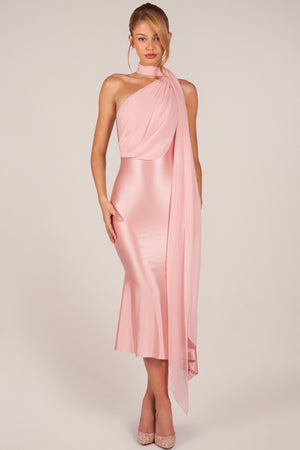 Giada Scarf-Detail Midaxi Dress in Blush Pink
