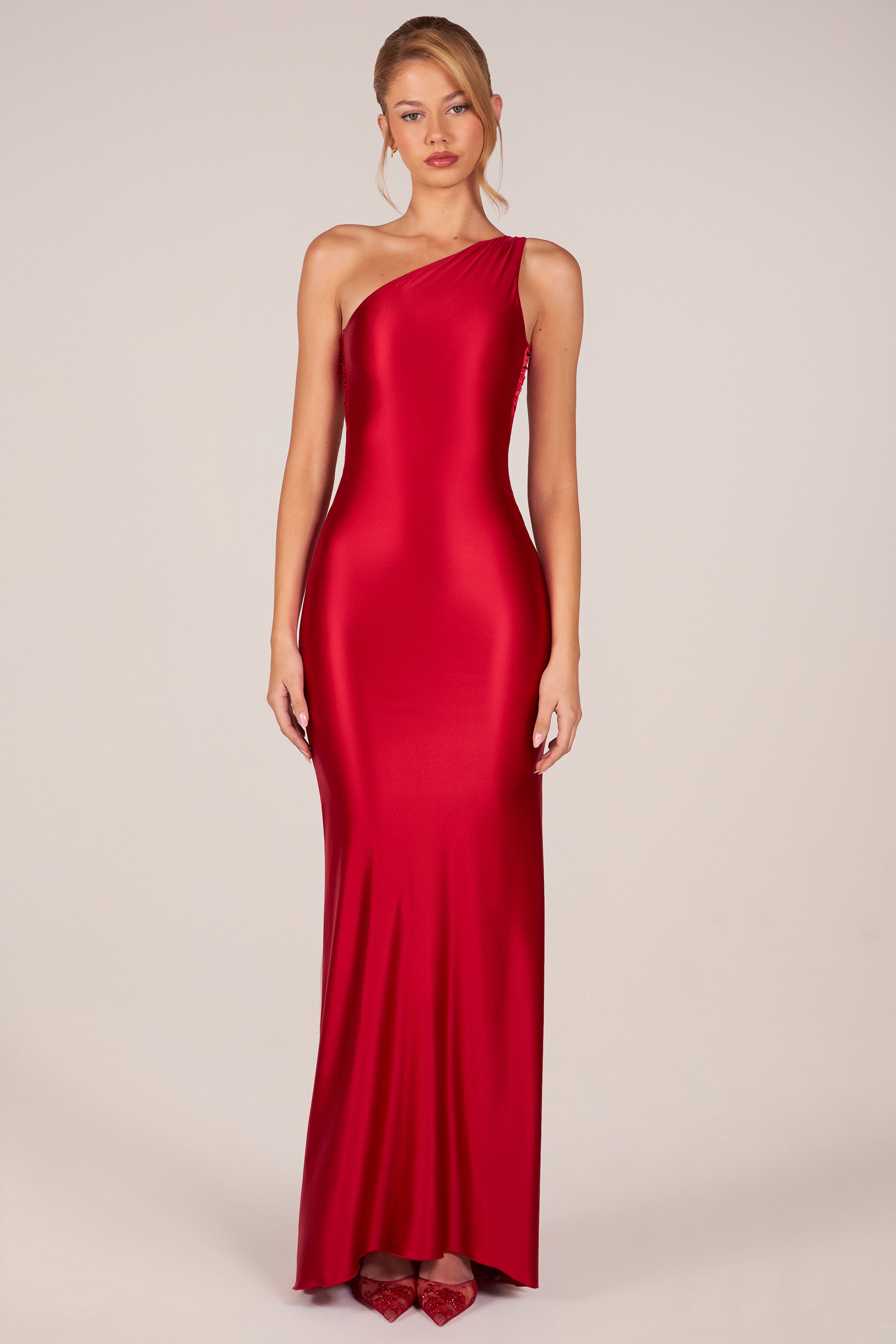 Asymmetric Tie-Back Gown in Cherry