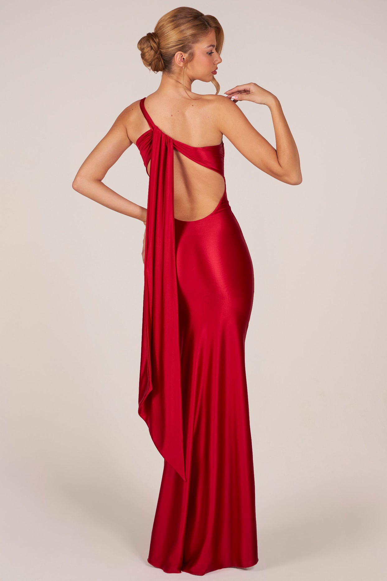 Asymmetric Tie-Back Gown in Cherry - 8