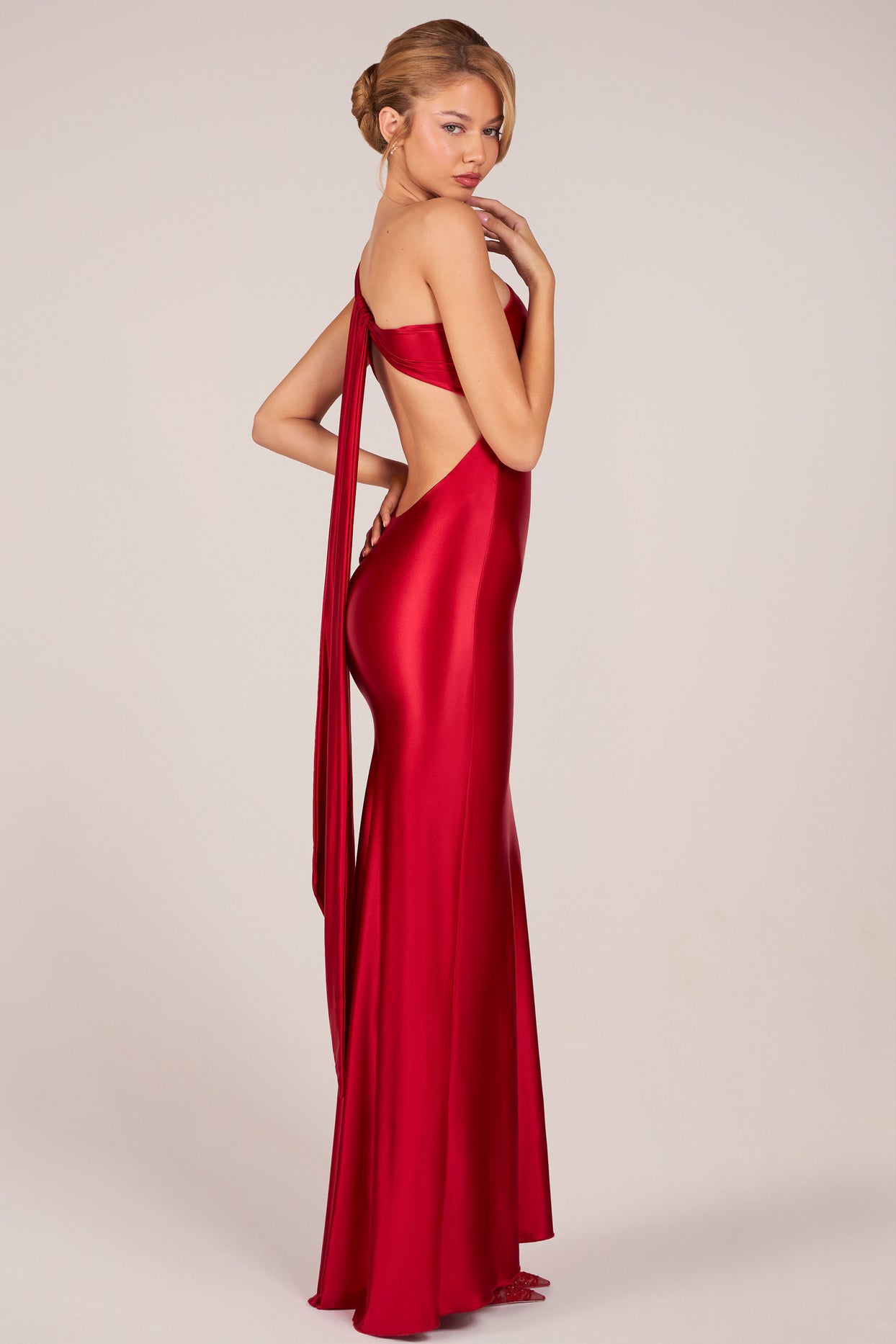 Asymmetric Tie-Back Gown in Cherry - 5