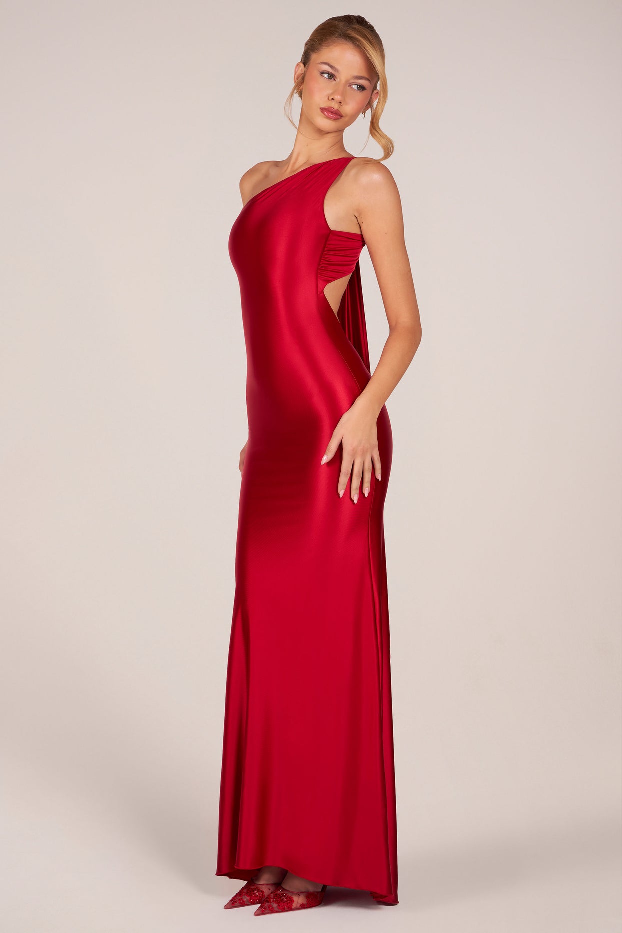 Asymmetric Tie-Back Gown in Cherry - 10