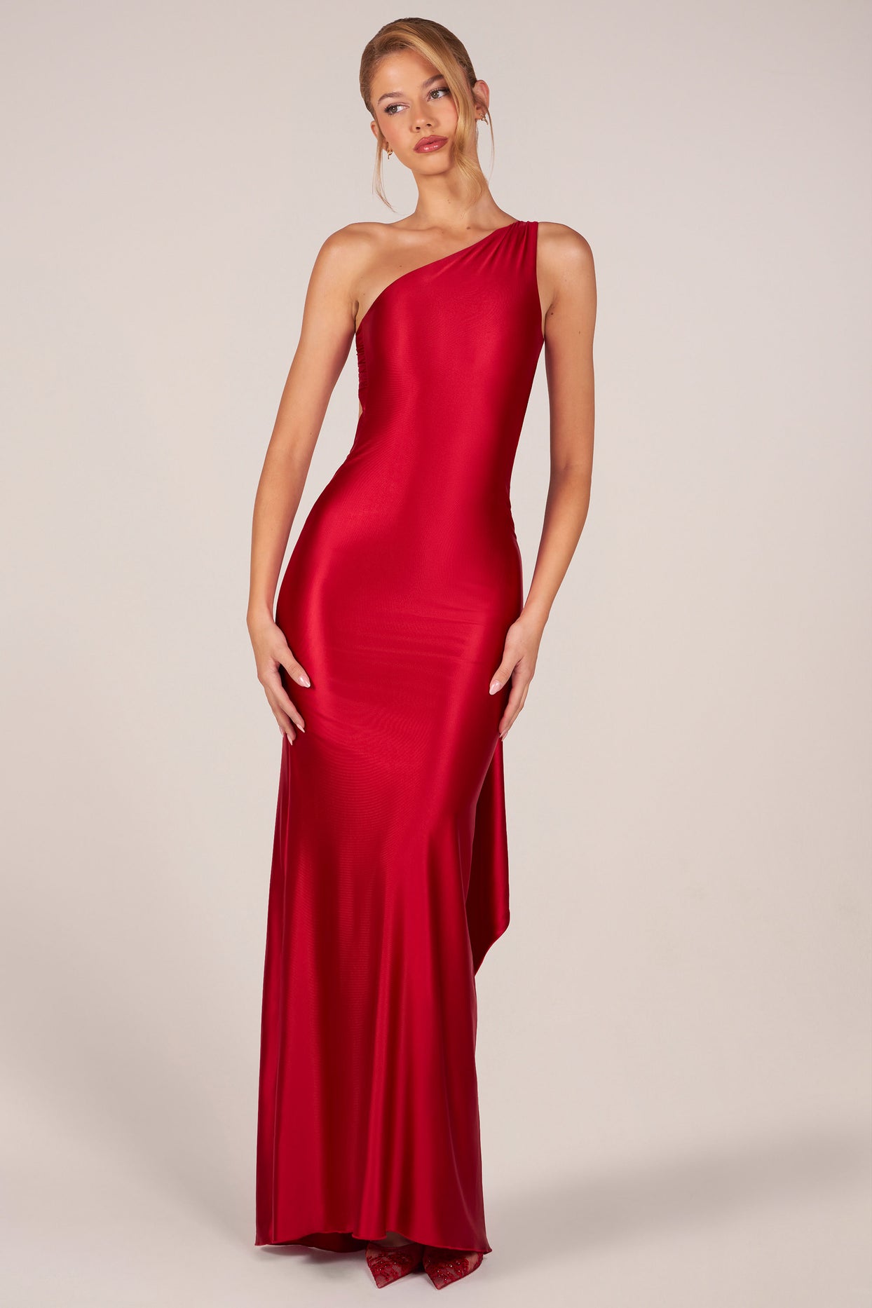 Asymmetric Tie-Back Gown in Cherry - 7