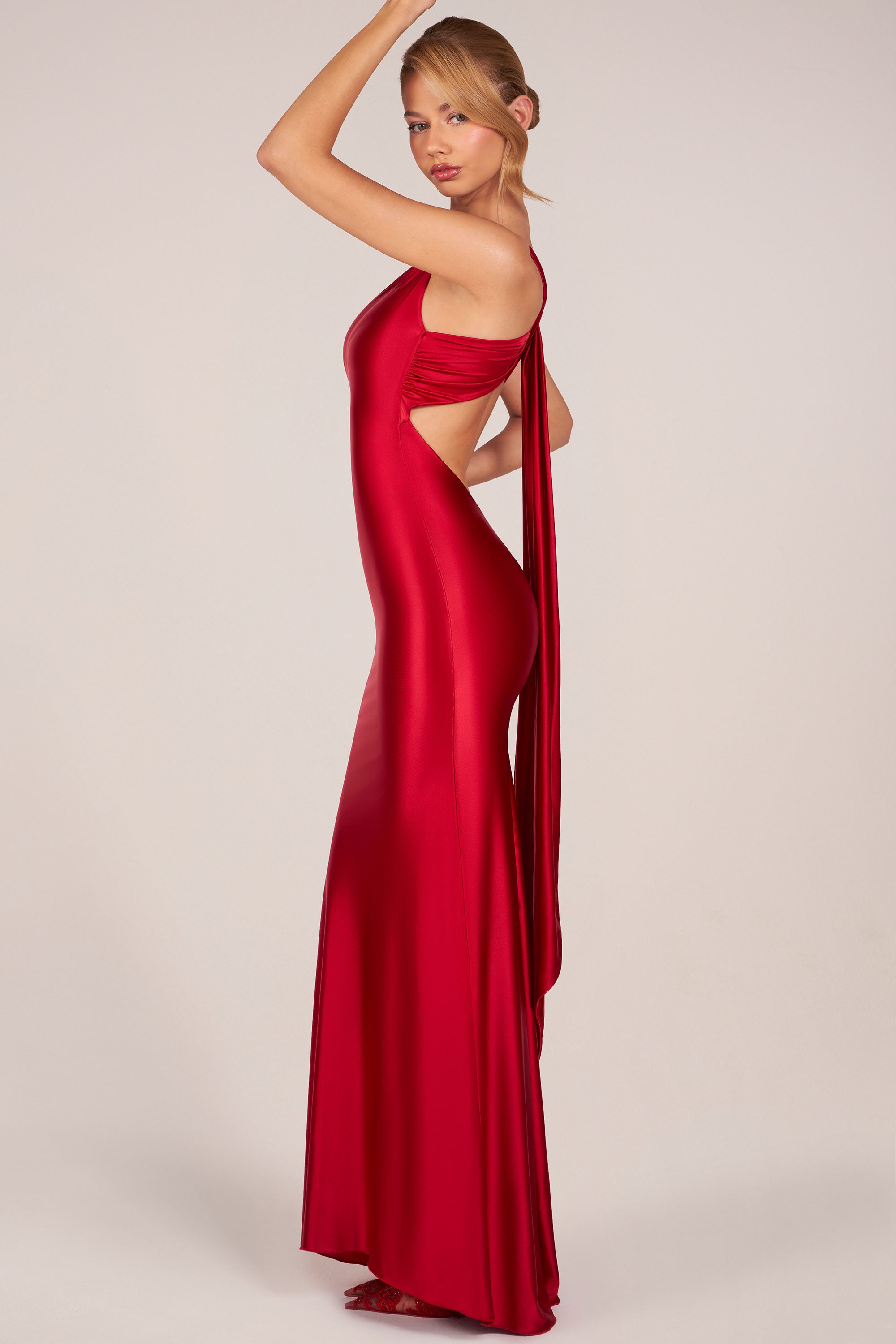 Asymmetric Tie-Back Gown in Cherry