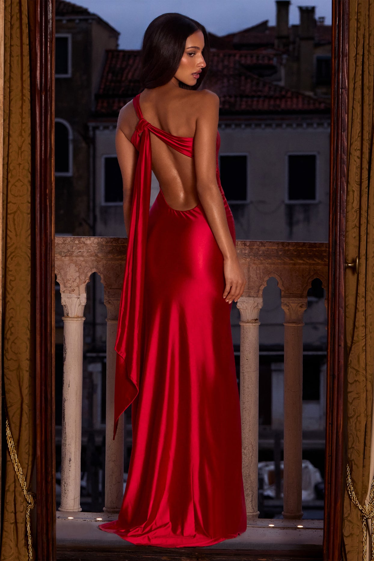 Asymmetric Tie-Back Gown in Cherry - 4