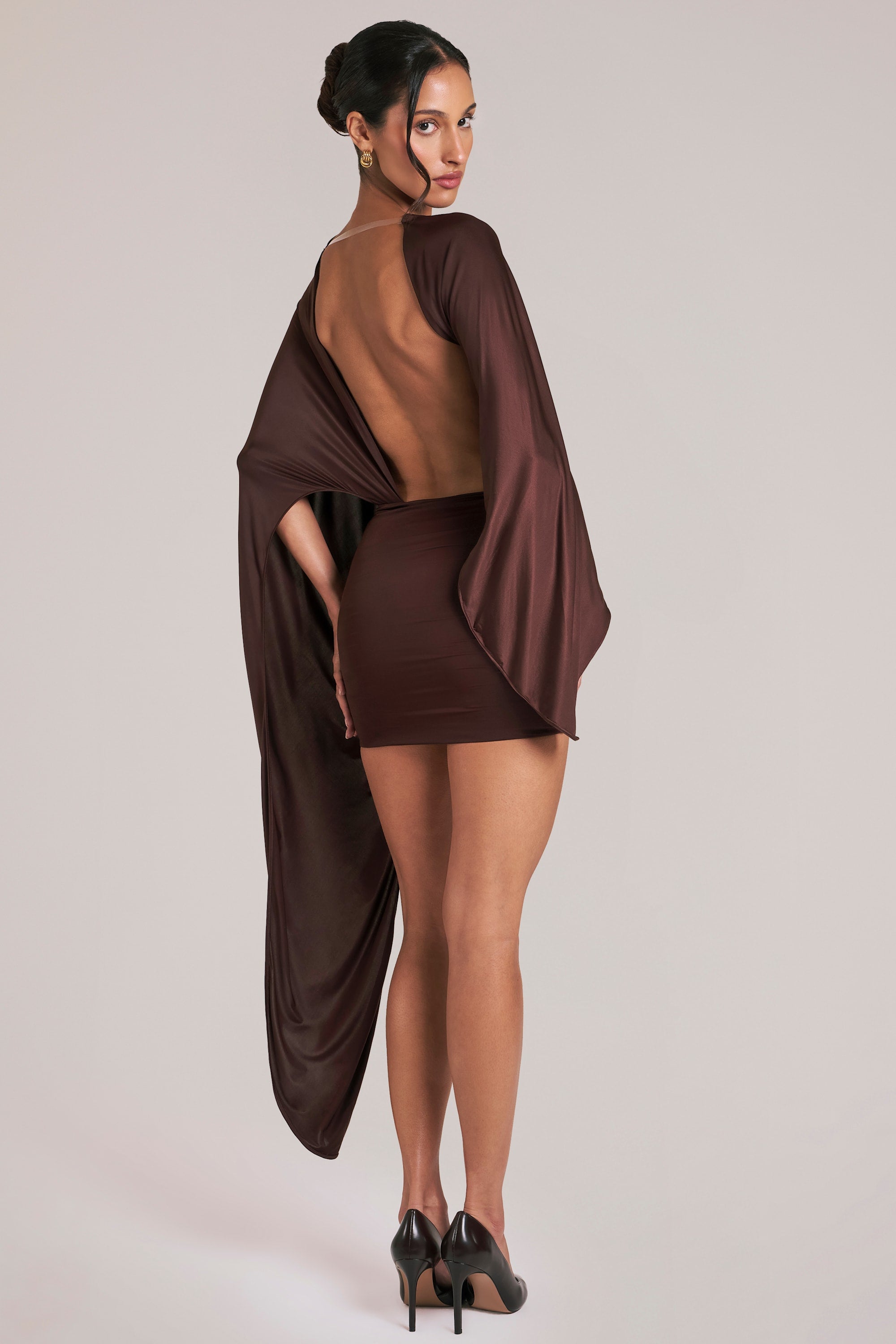 Draped Cape Mini Dress in Chocolate Brown - 1