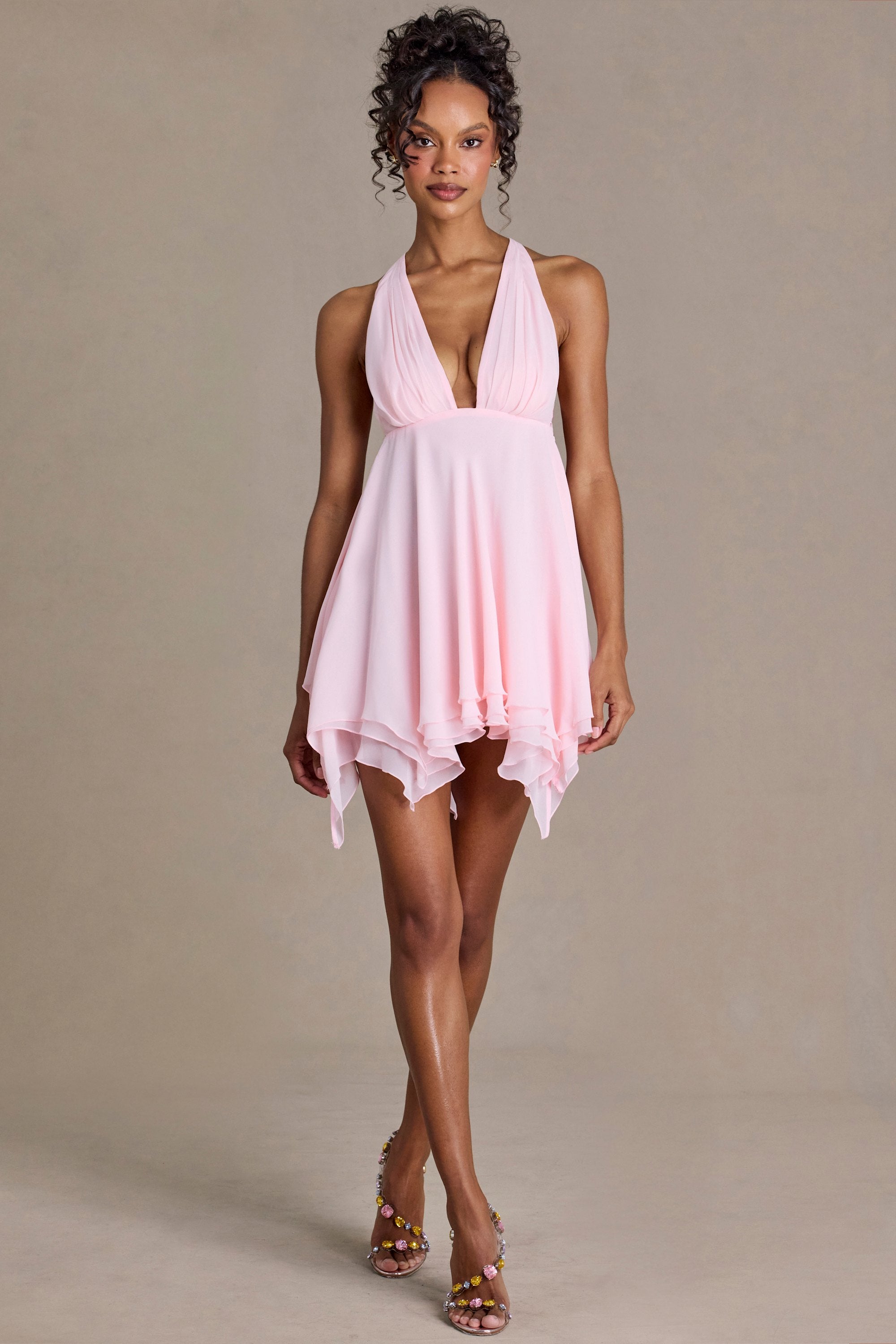 Chiffon Plunge-Neck Open-Back Mini Dress in Blossom - 2