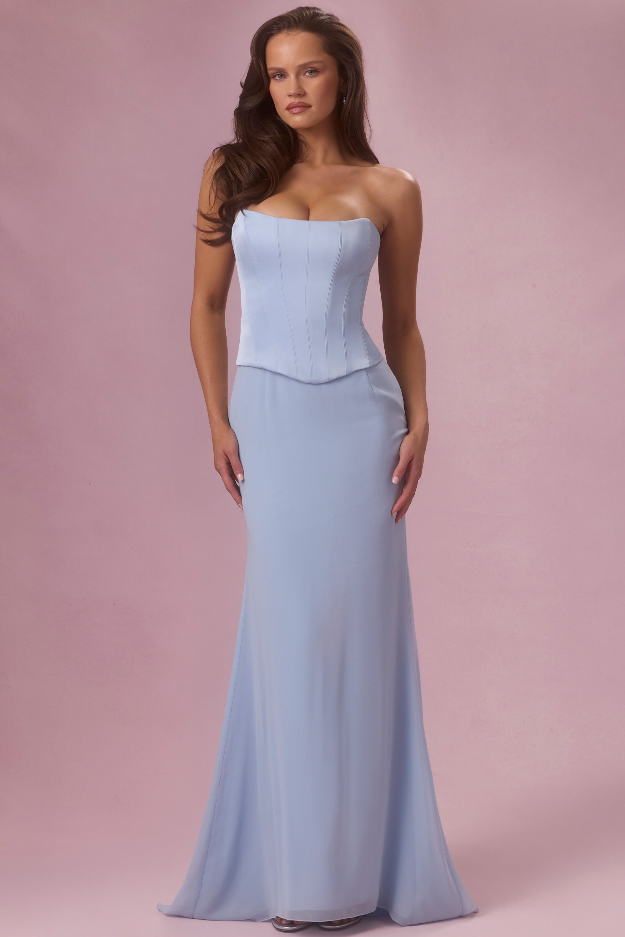 Satin Corset Bridesmaid Dress in Sky Blue - 1