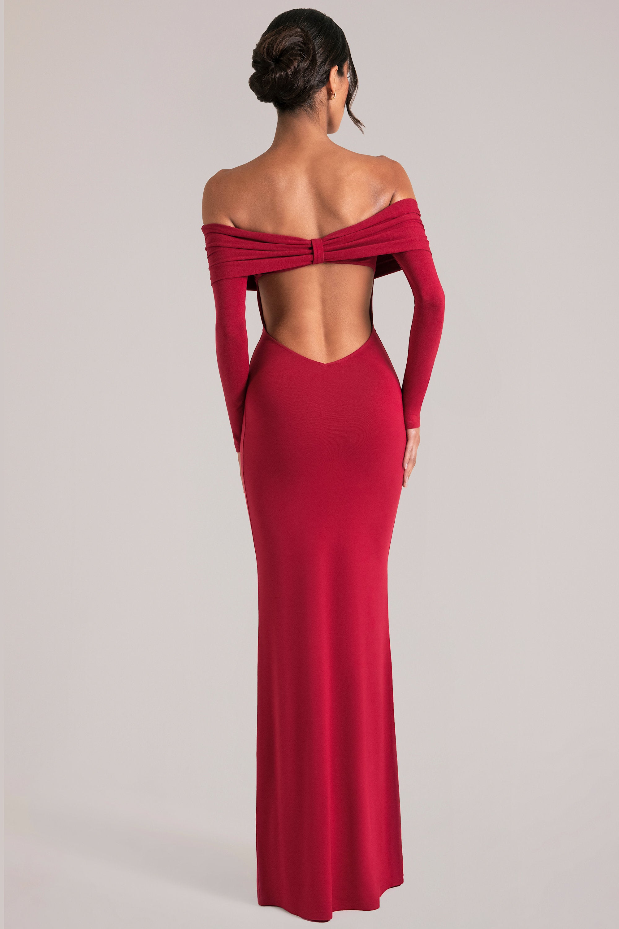 Off-Shoulder Long-Sleeve Maxi Dress in Cherry Red - 2
