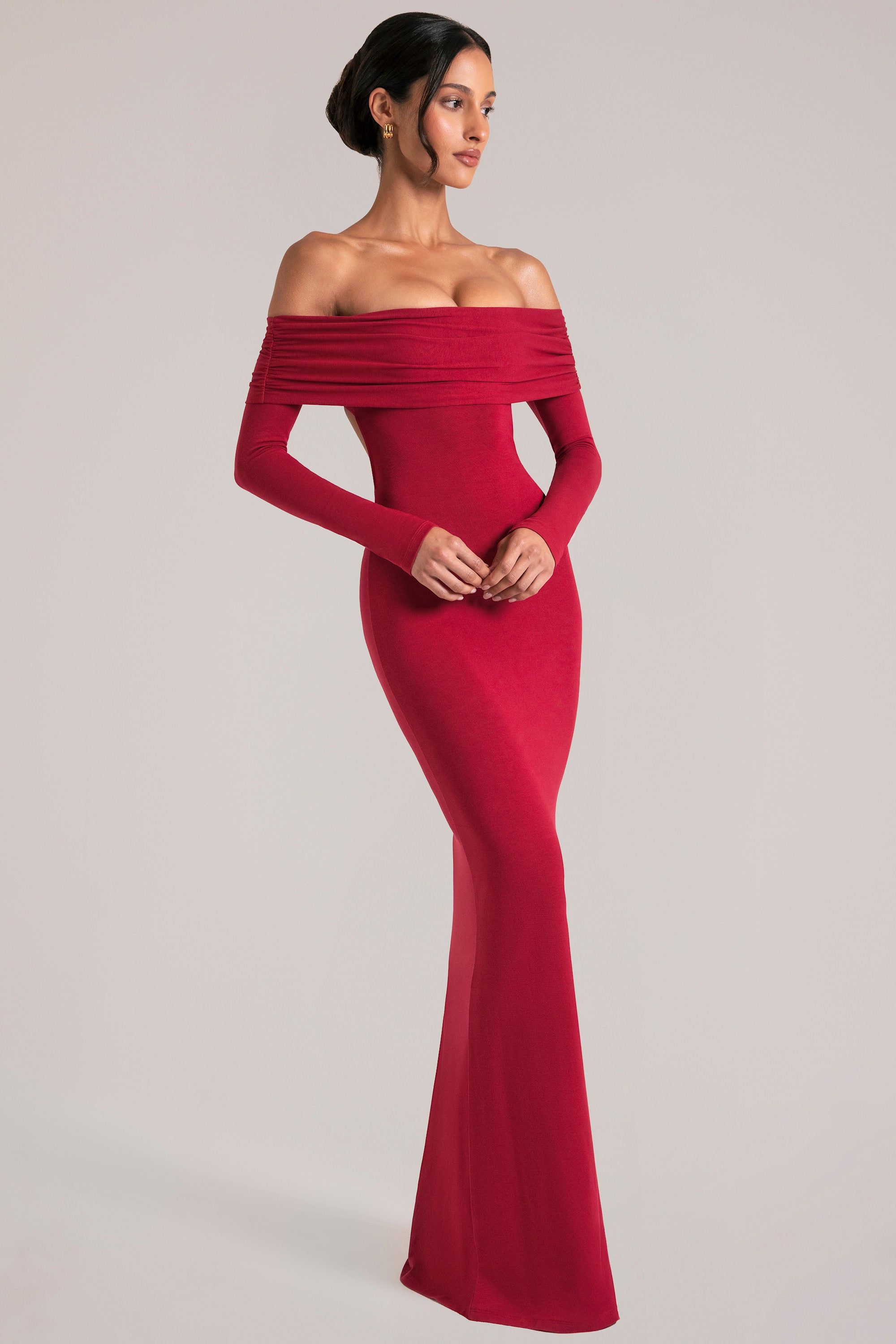 Off-Shoulder Long-Sleeve Maxi Dress in Cherry Red - 1