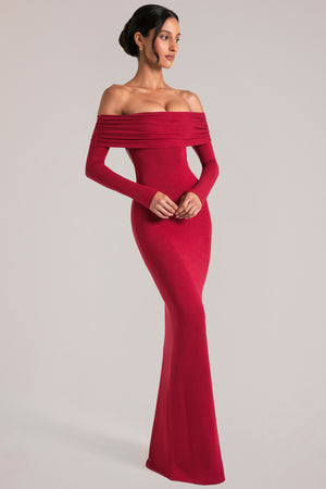 Depny Off-Shoulder Long -Sleeve Maxi Dress in Cherry Red