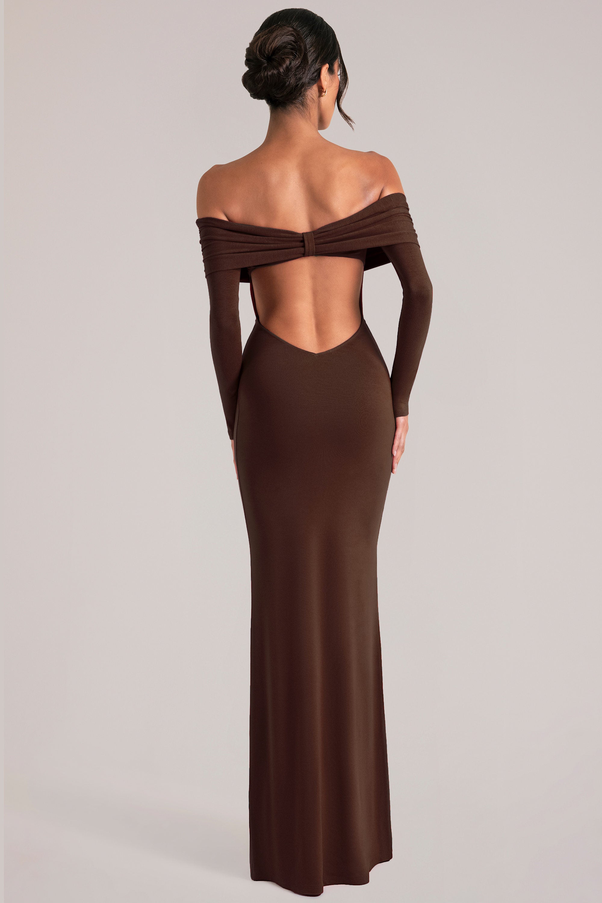 Off-Shoulder Long-Sleeve Maxi Dress in Chocolate Brown - 2