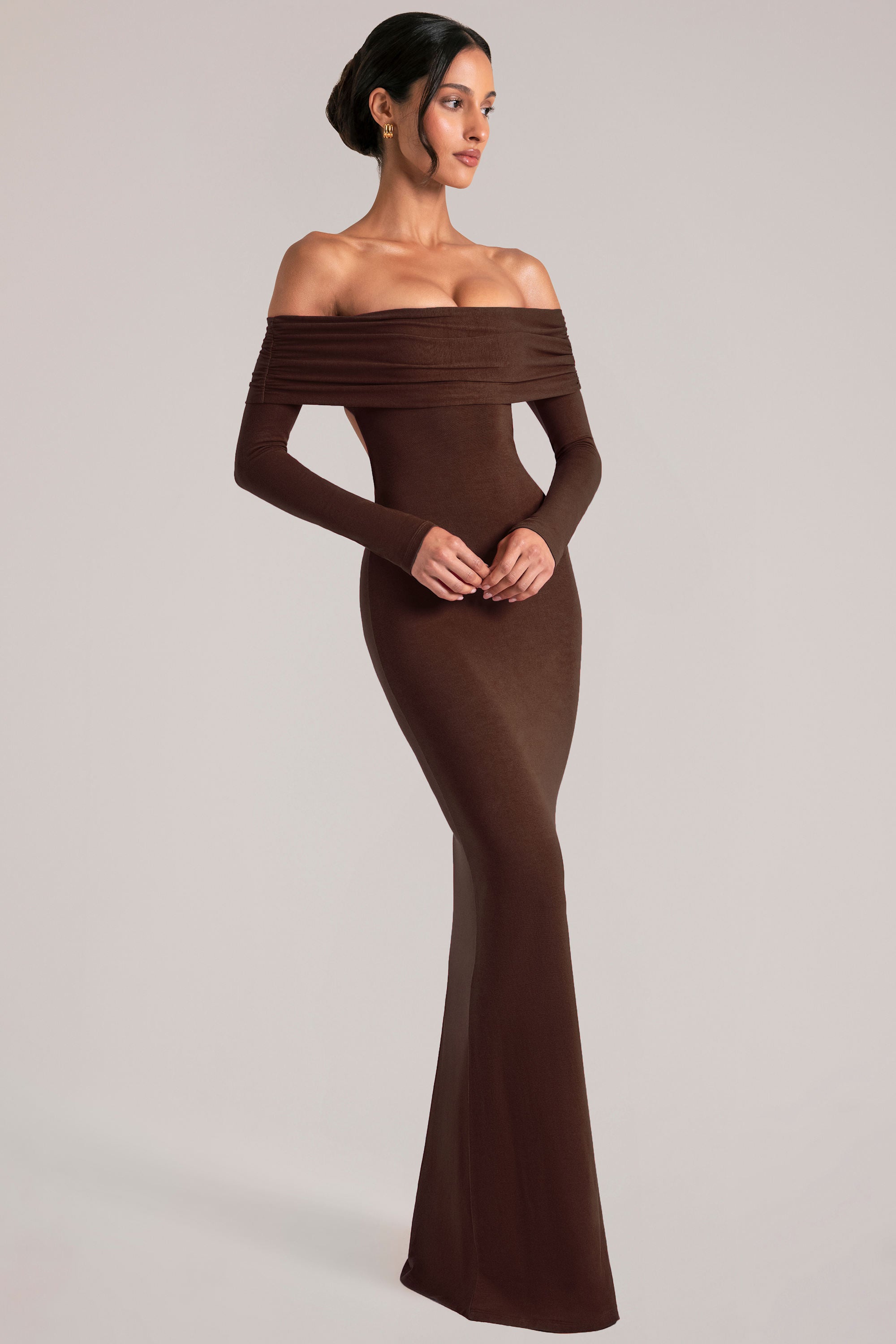 Off-Shoulder Long-Sleeve Maxi Dress in Chocolate Brown - 1