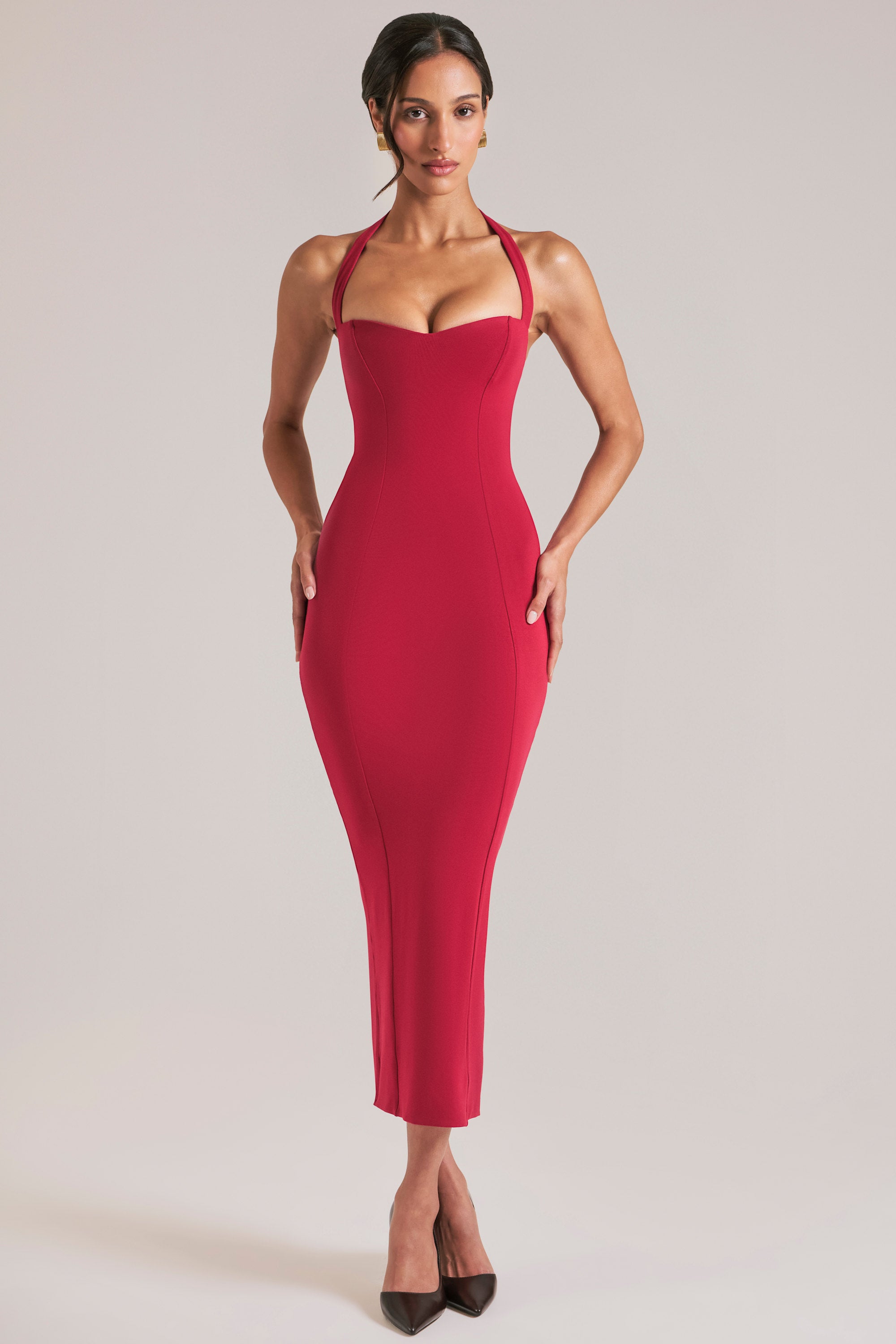 Halterneck Midaxi Dress in Cherry Red - 1