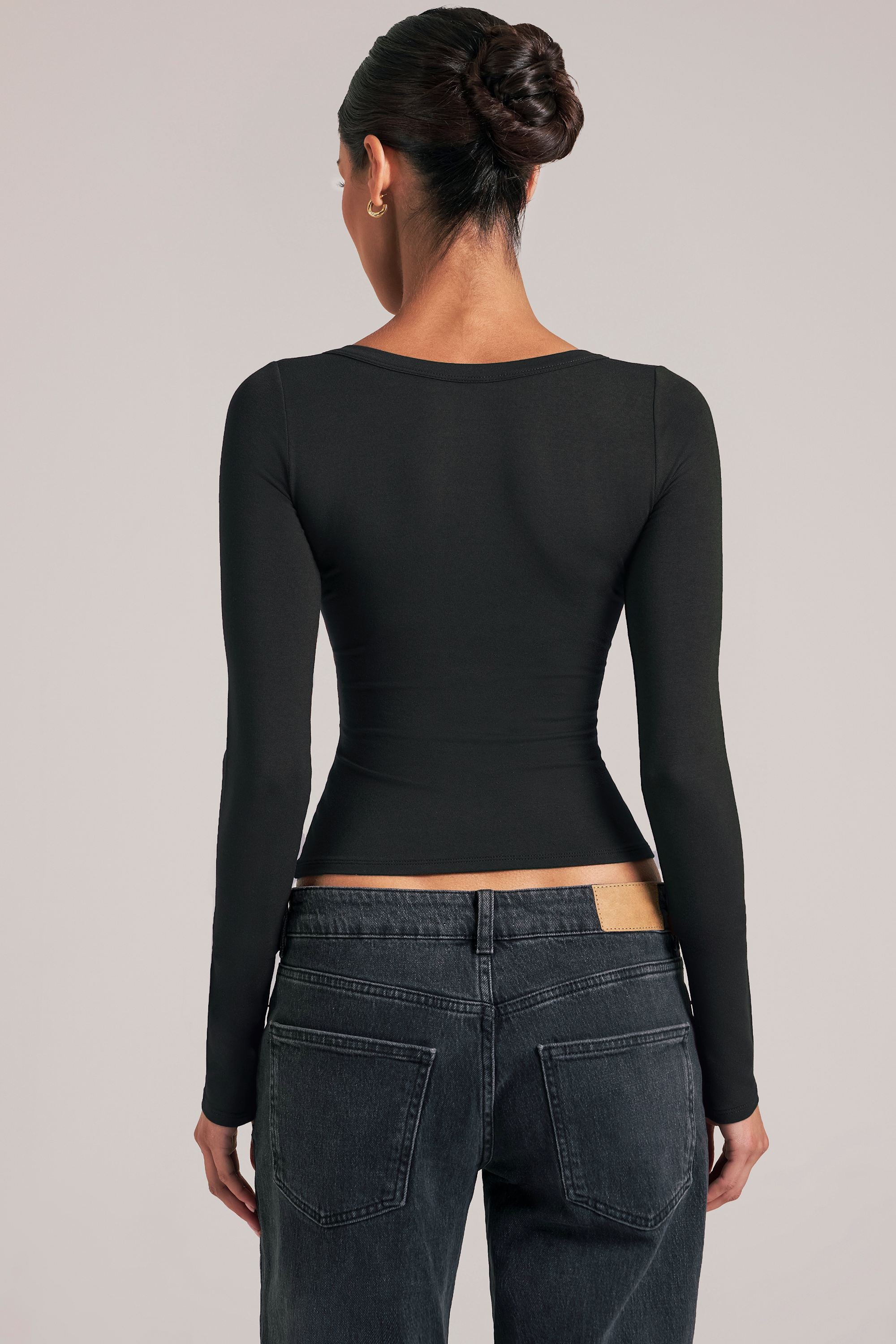V-Neck Long-Sleeve Top  in Black - 2
