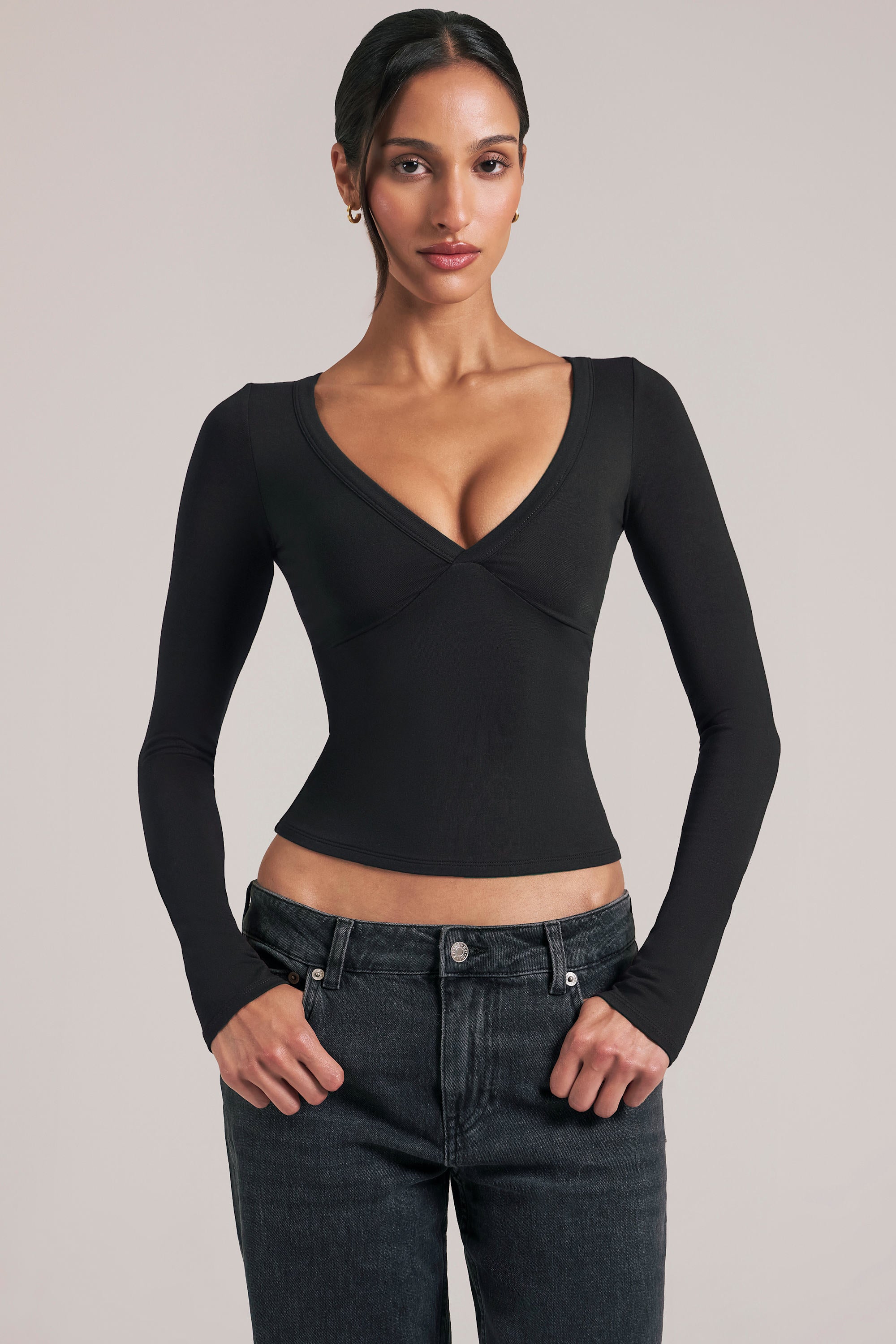 V-Neck Long-Sleeve Top  in Black - 1